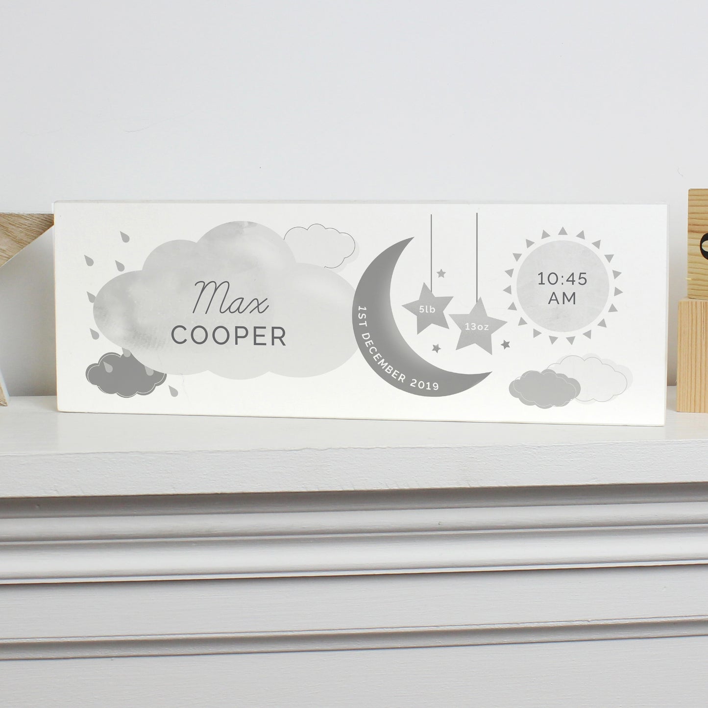 Personalised New Baby Moon & Stars Wooden Mantel Decoration - MK&JD Gifts