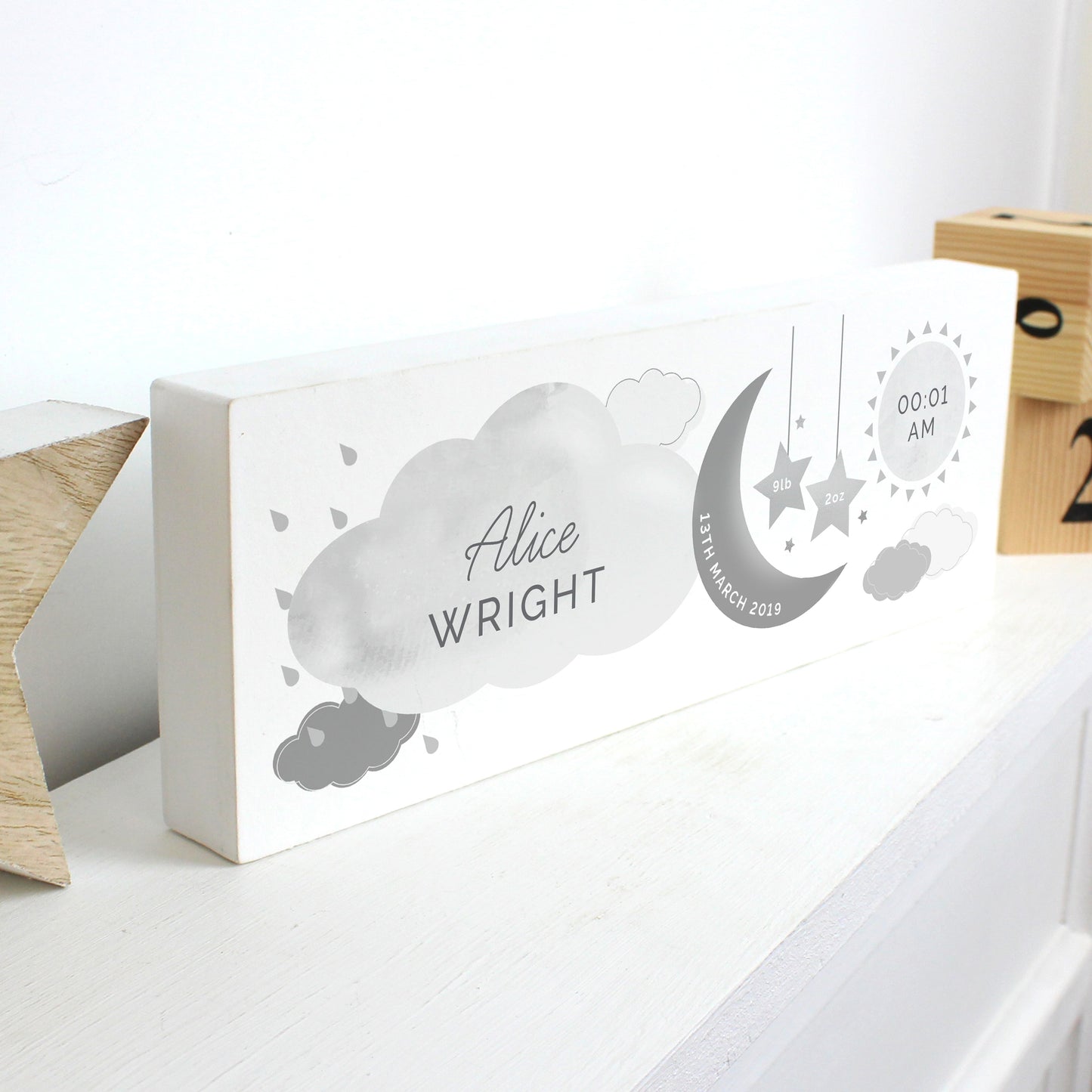 Personalised New Baby Moon & Stars Wooden Mantel Decoration - MK&JD Gifts