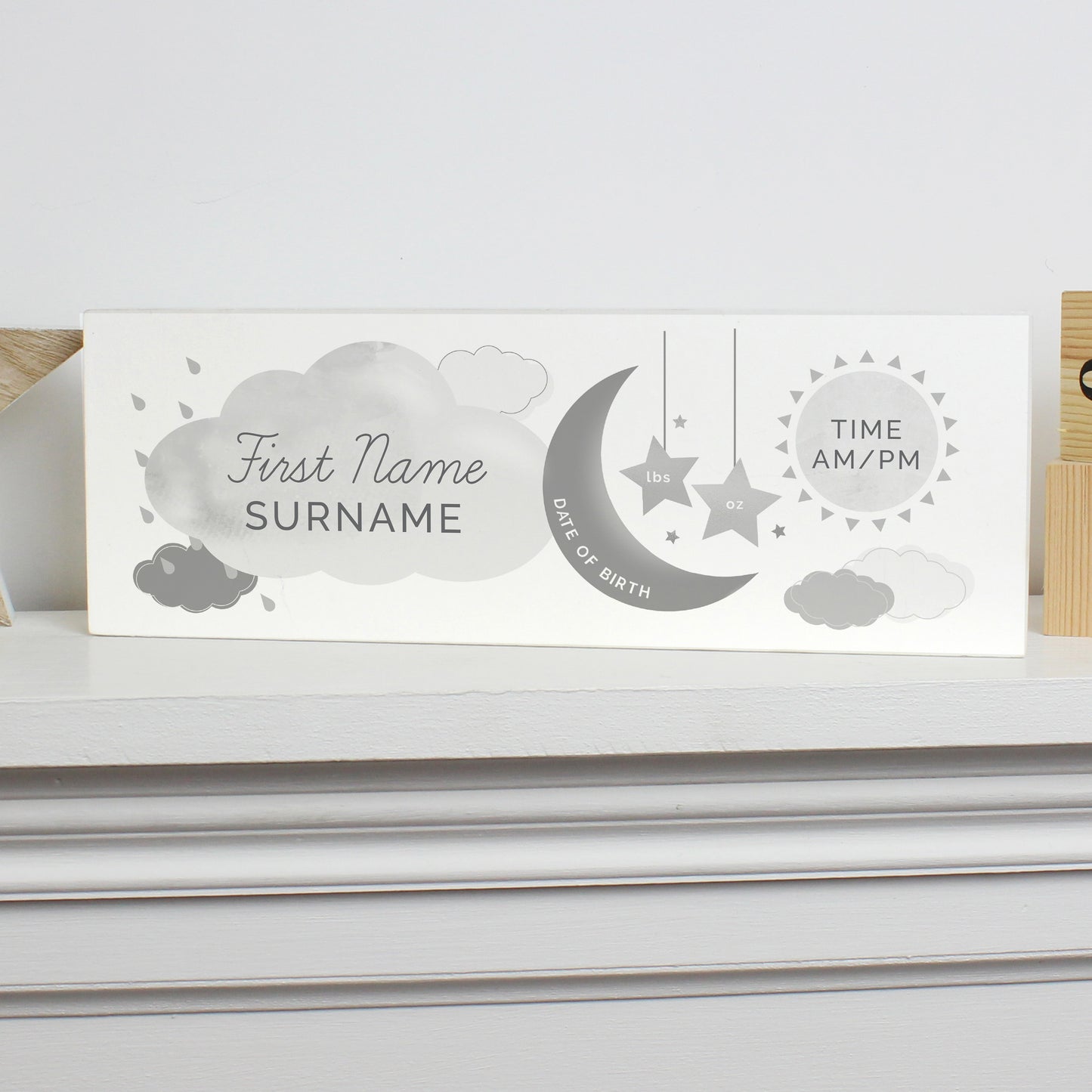 Personalised New Baby Moon & Stars Wooden Mantel Decoration - MK&JD Gifts