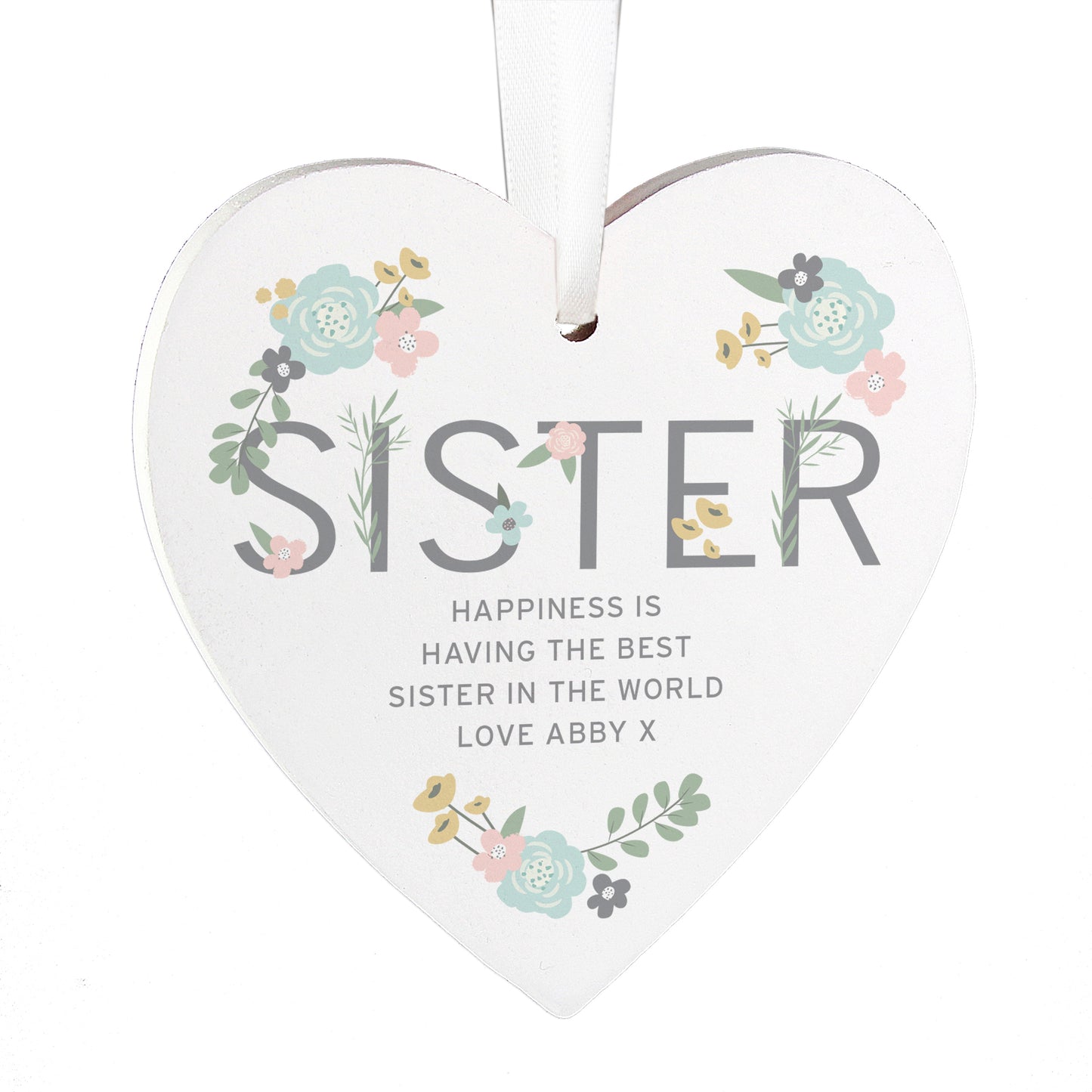 Personalised Sister Floral Wooden Heart Decoration - MK&JD Gifts