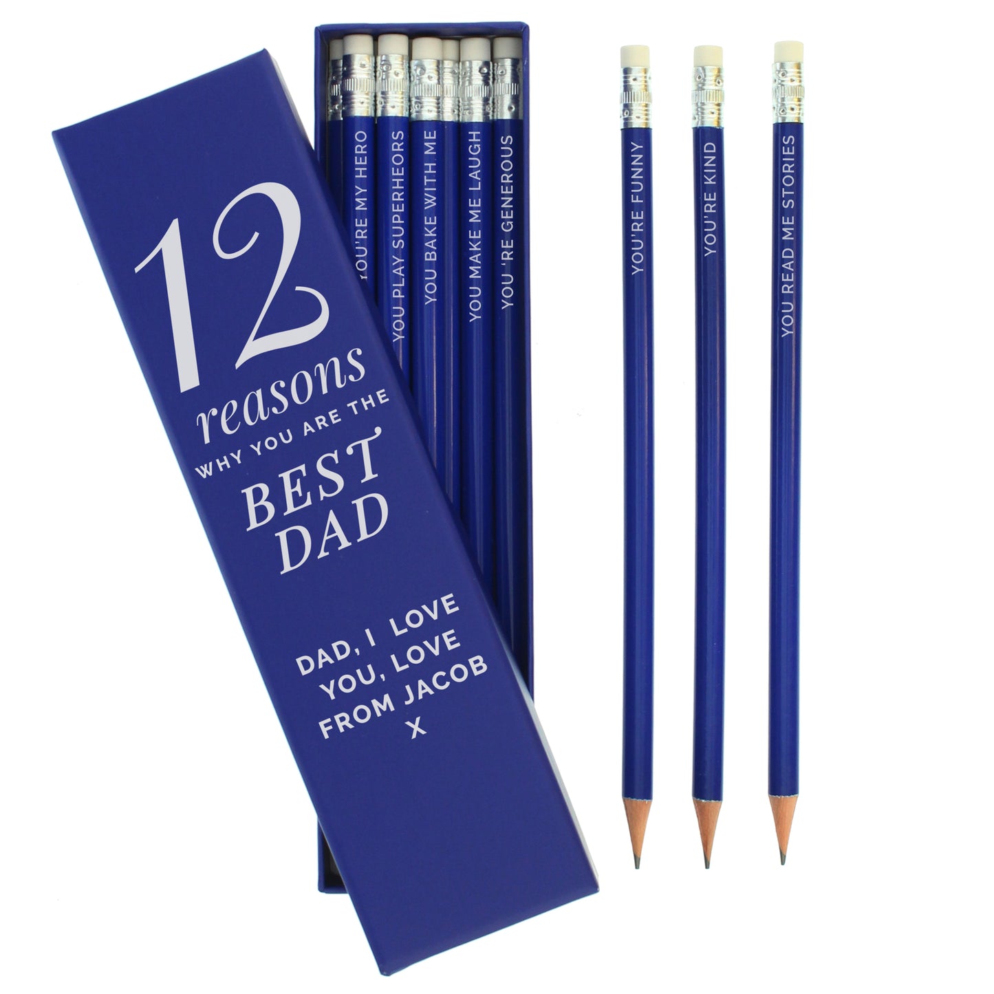 Personalised 12 Reasons Box and 12 Blue HB Pencils - MK&JD Gifts
