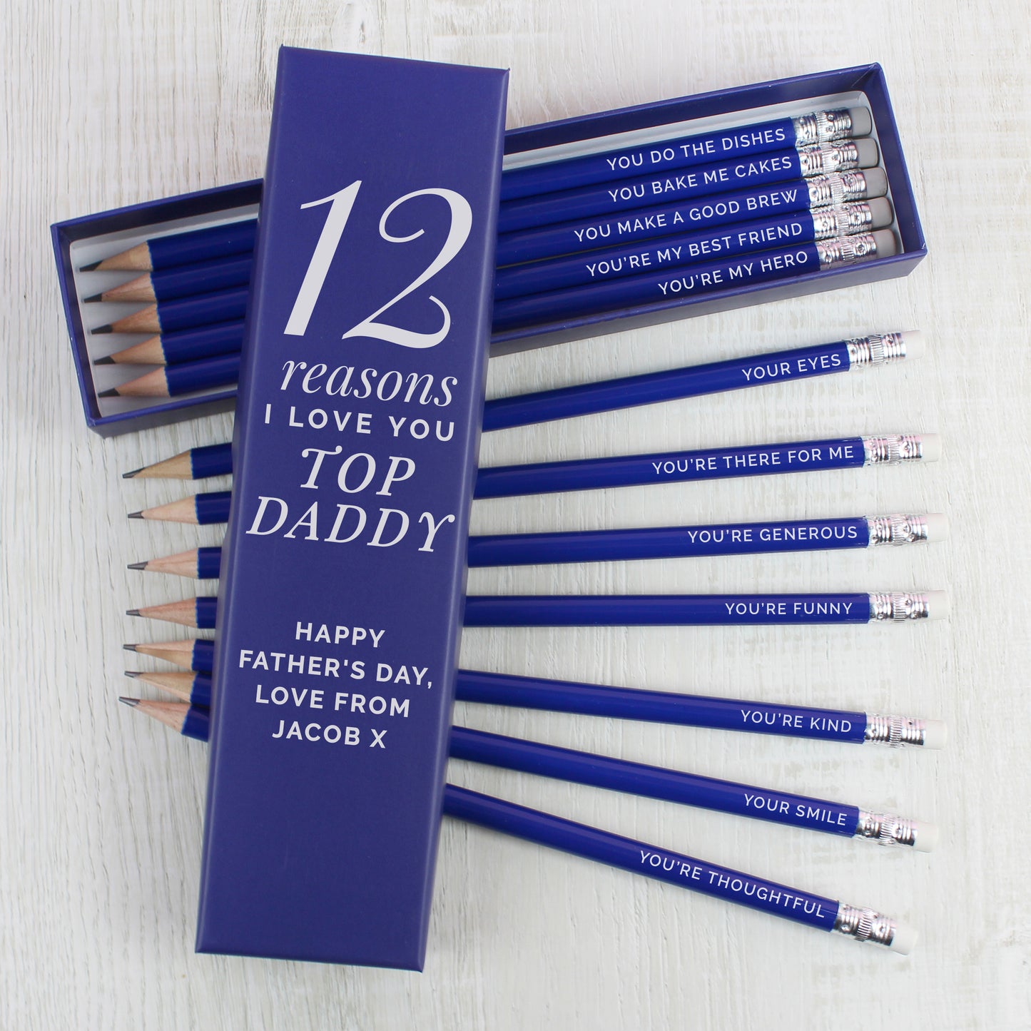Personalised 12 Reasons Box and 12 Blue HB Pencils - MK&JD Gifts