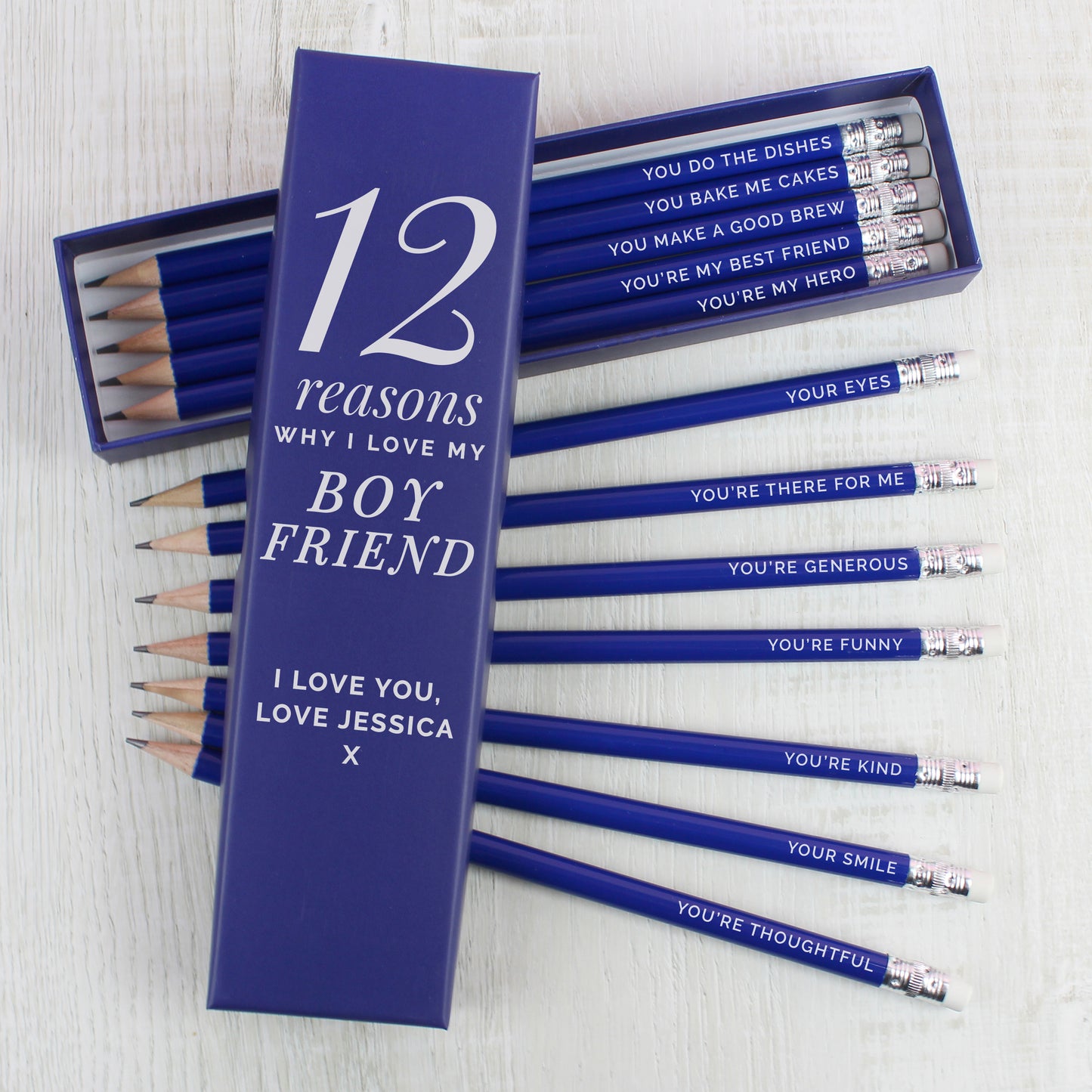 Personalised 12 Reasons Box and 12 Blue HB Pencils - MK&JD Gifts