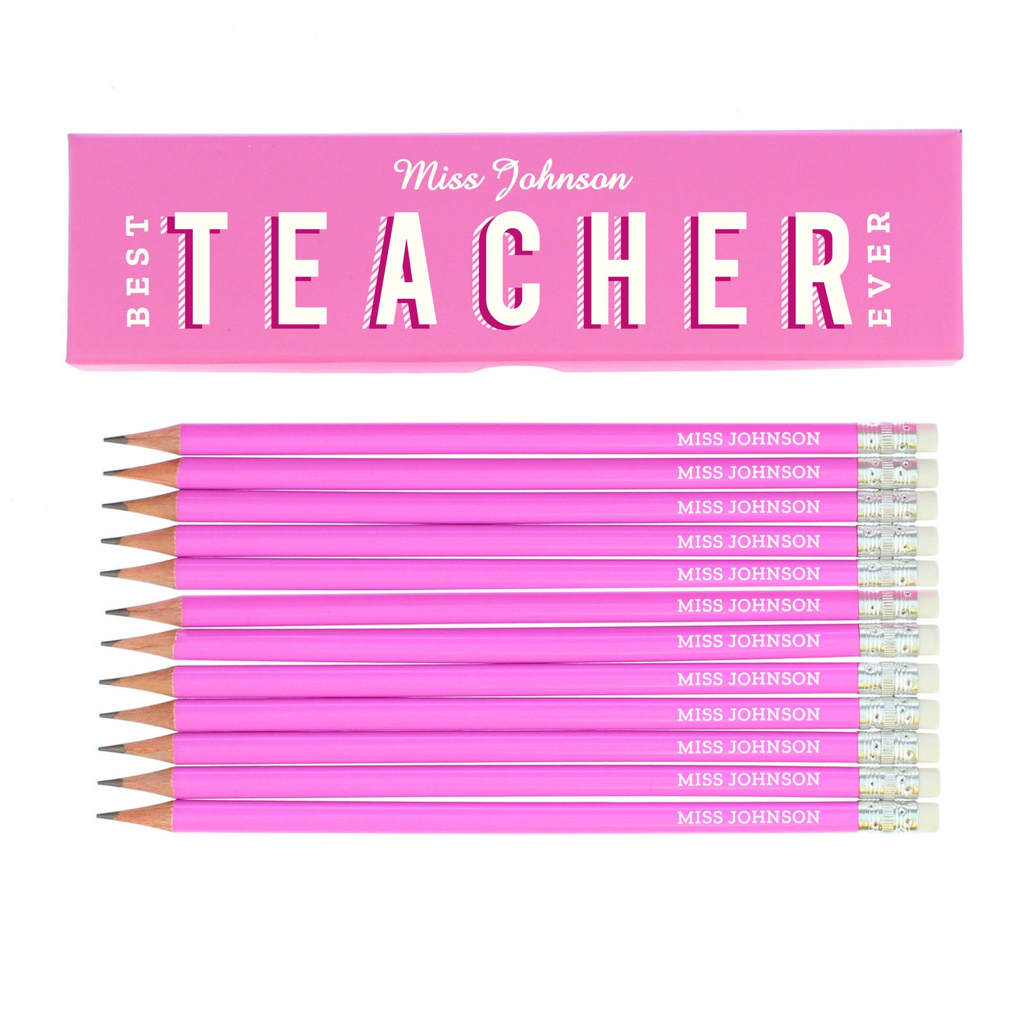 Personalised Best Teacher Ever Box and 12 Pink HB Pencils - MK&JD Gifts
