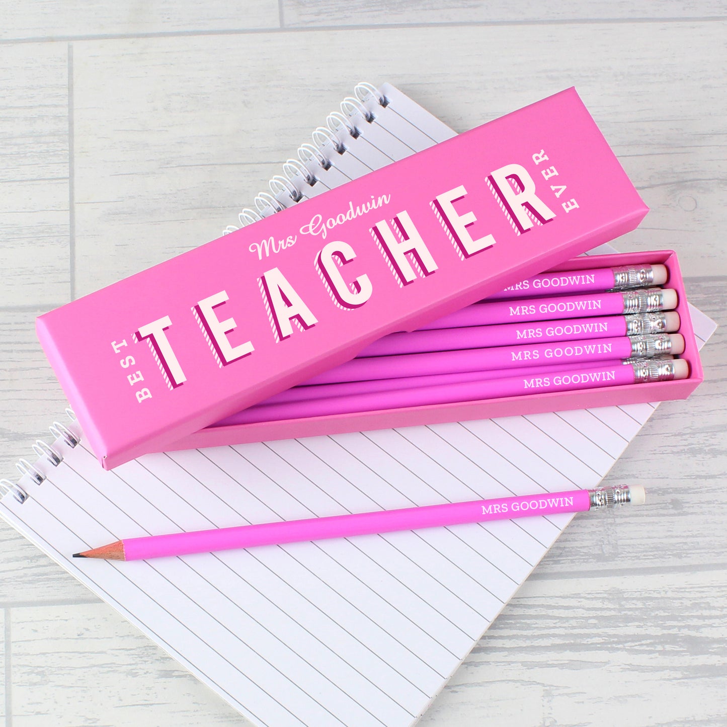 Personalised Best Teacher Ever Box and 12 Pink HB Pencils - MK&JD Gifts