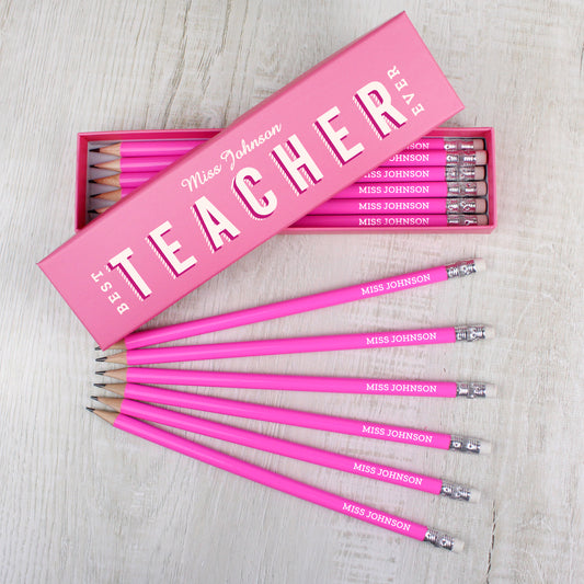 Personalised Best Teacher Ever Box and 12 Pink HB Pencils - MK&JD Gifts