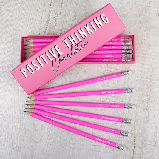 Personalised Positive Thinking Box and 12 Pink HB Pencils - MK&JD Gifts