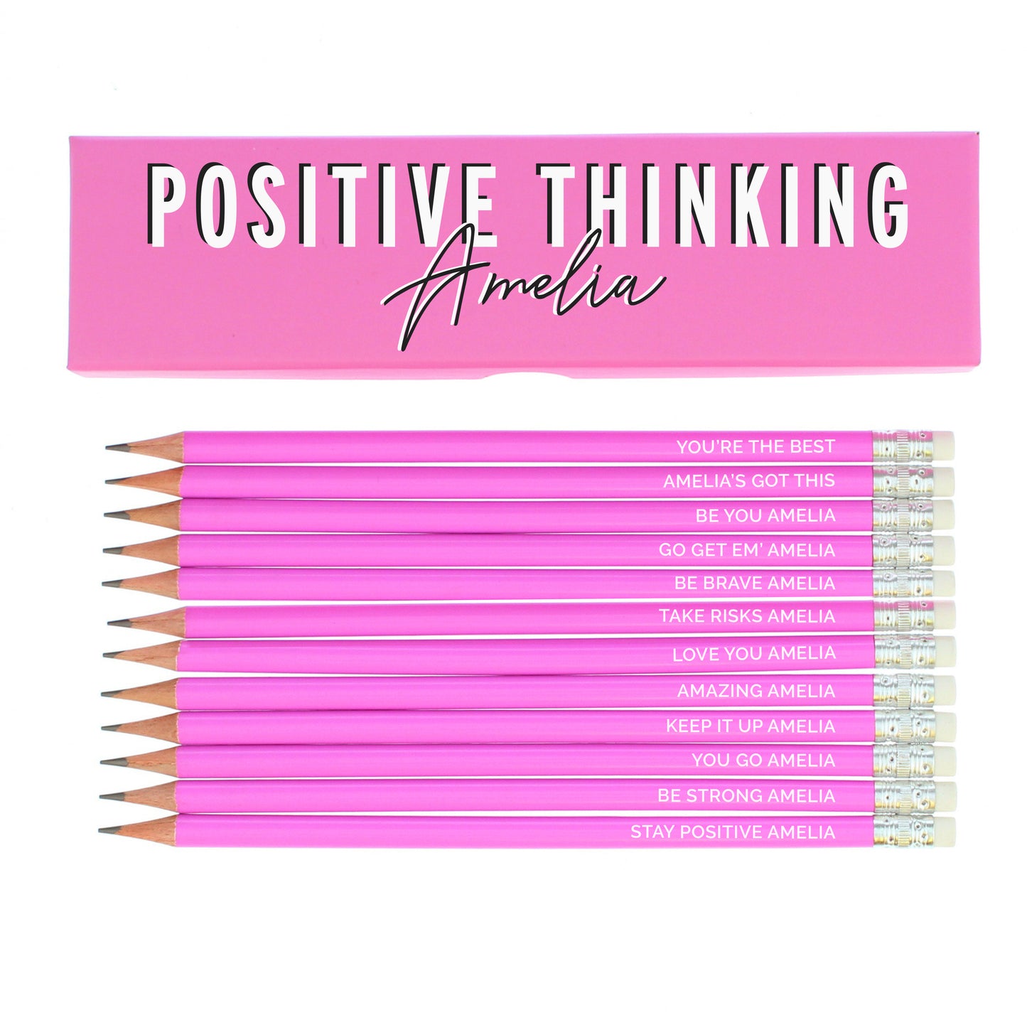 Personalised Positive Thinking Box and 12 Pink HB Pencils - MK&JD Gifts