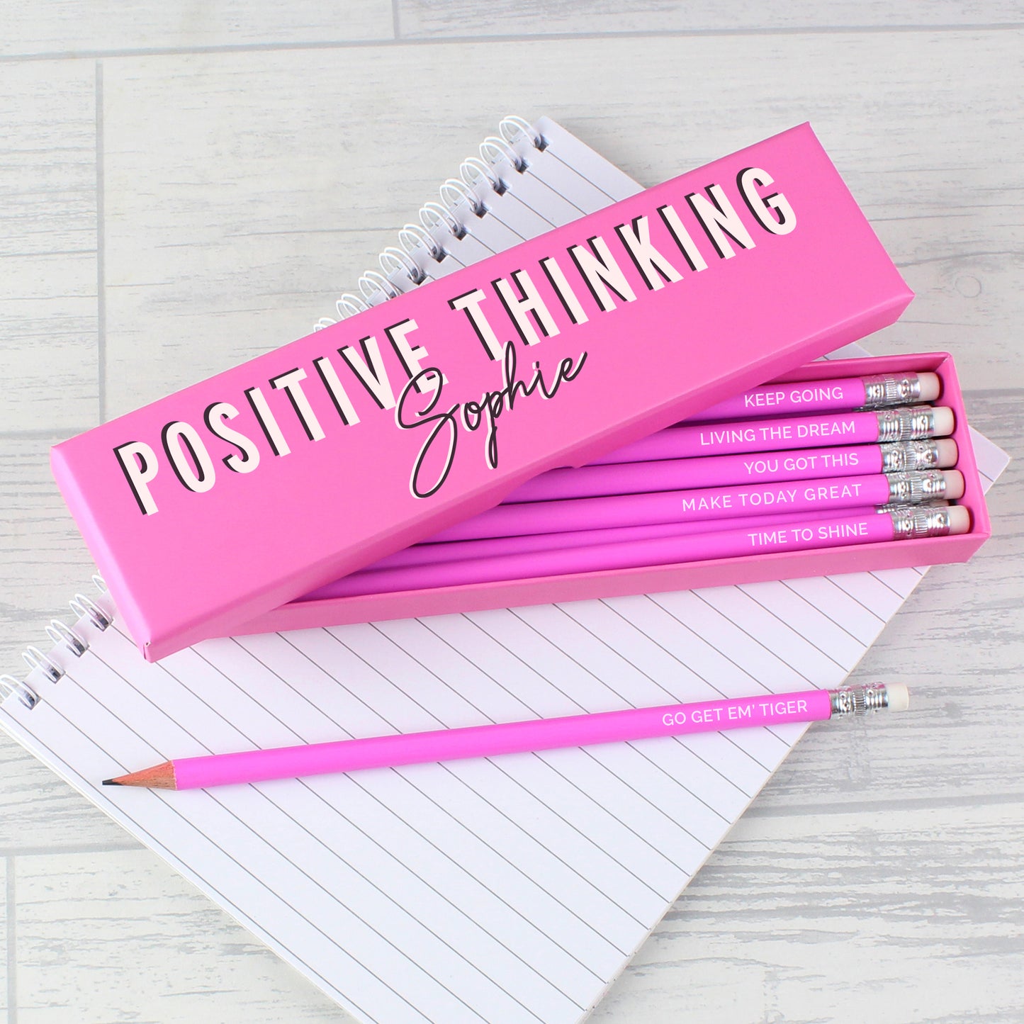 Personalised Positive Thinking Box and 12 Pink HB Pencils - MK&JD Gifts