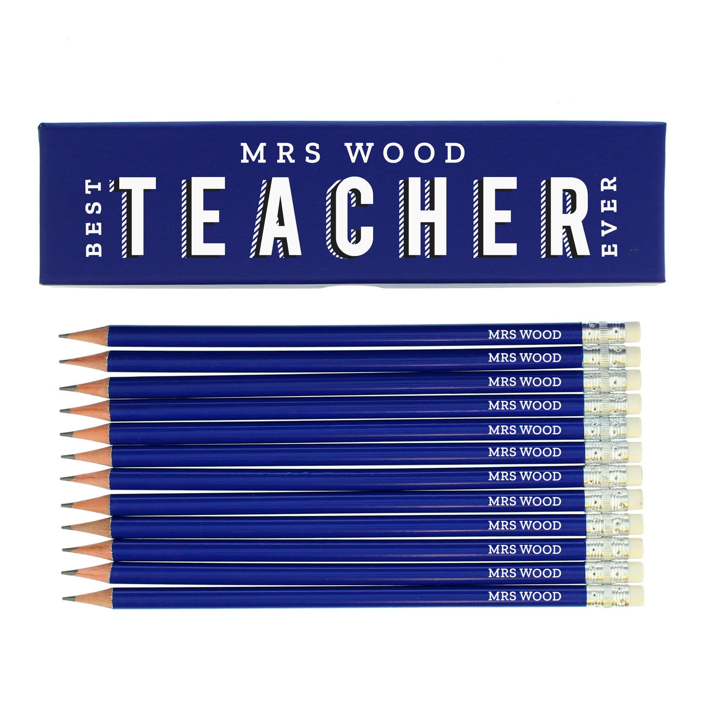 Personalised Best Teacher Ever Box and 12 Blue HB Pencils - MK&JD Gifts