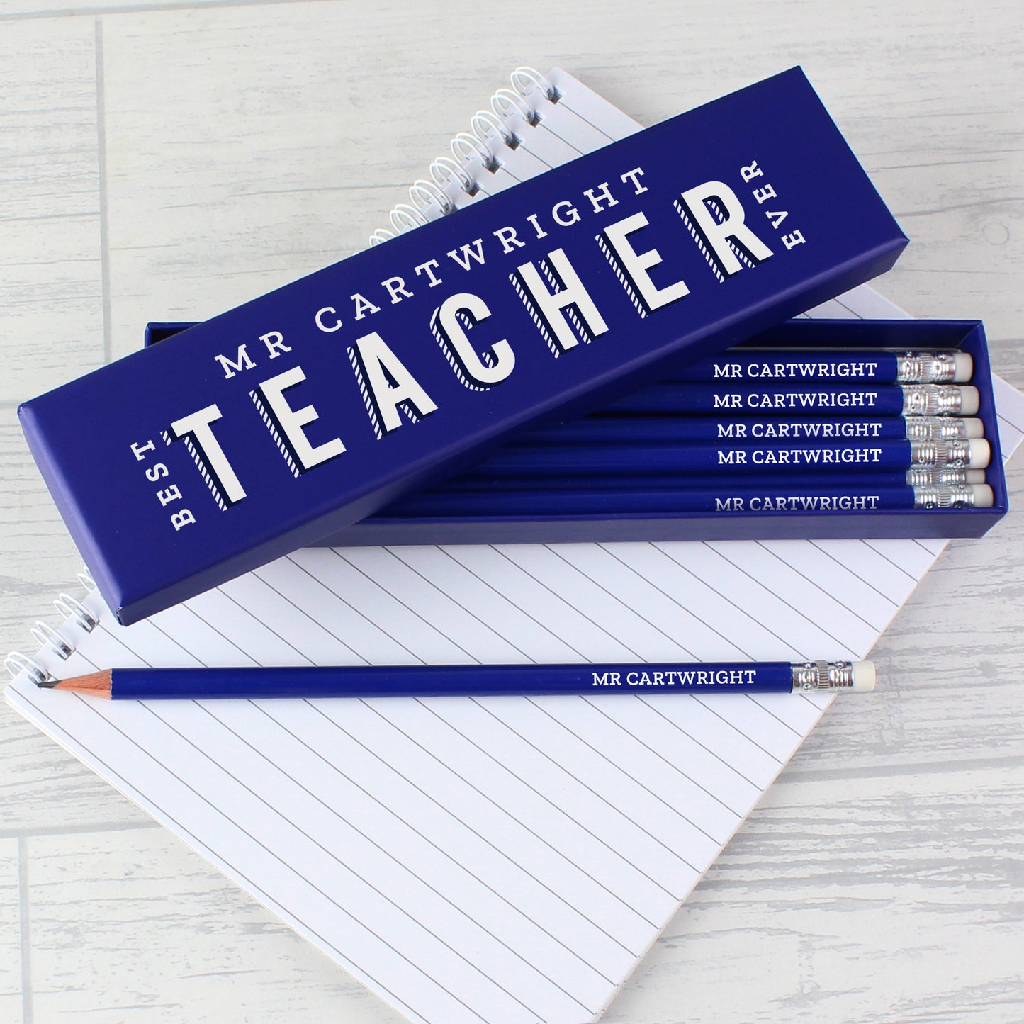 Personalised Best Teacher Ever Box and 12 Blue HB Pencils - MK&JD Gifts
