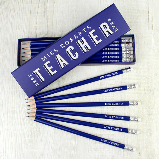Personalised Best Teacher Ever Box and 12 Blue HB Pencils - MK&JD Gifts