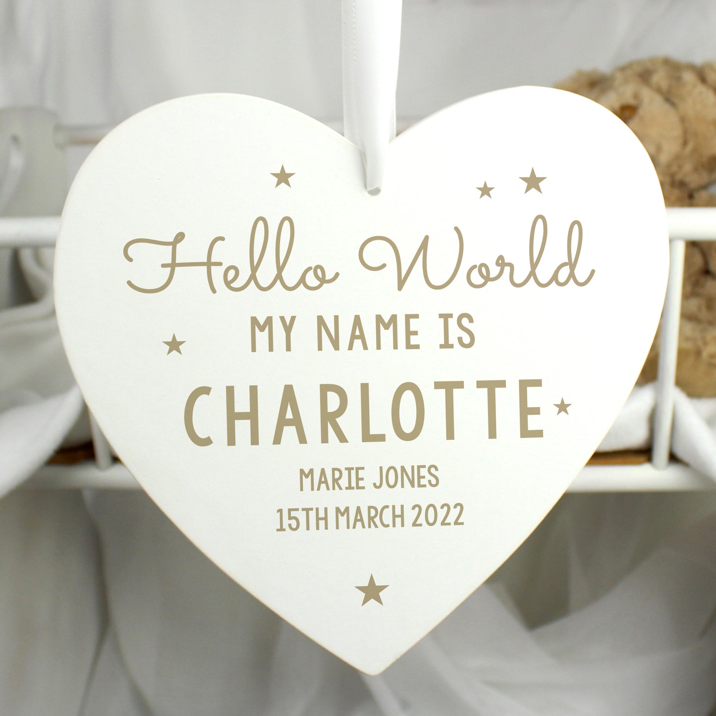 Personalised Hello World Large Wooden Heart Decoration - MK&JD Gifts