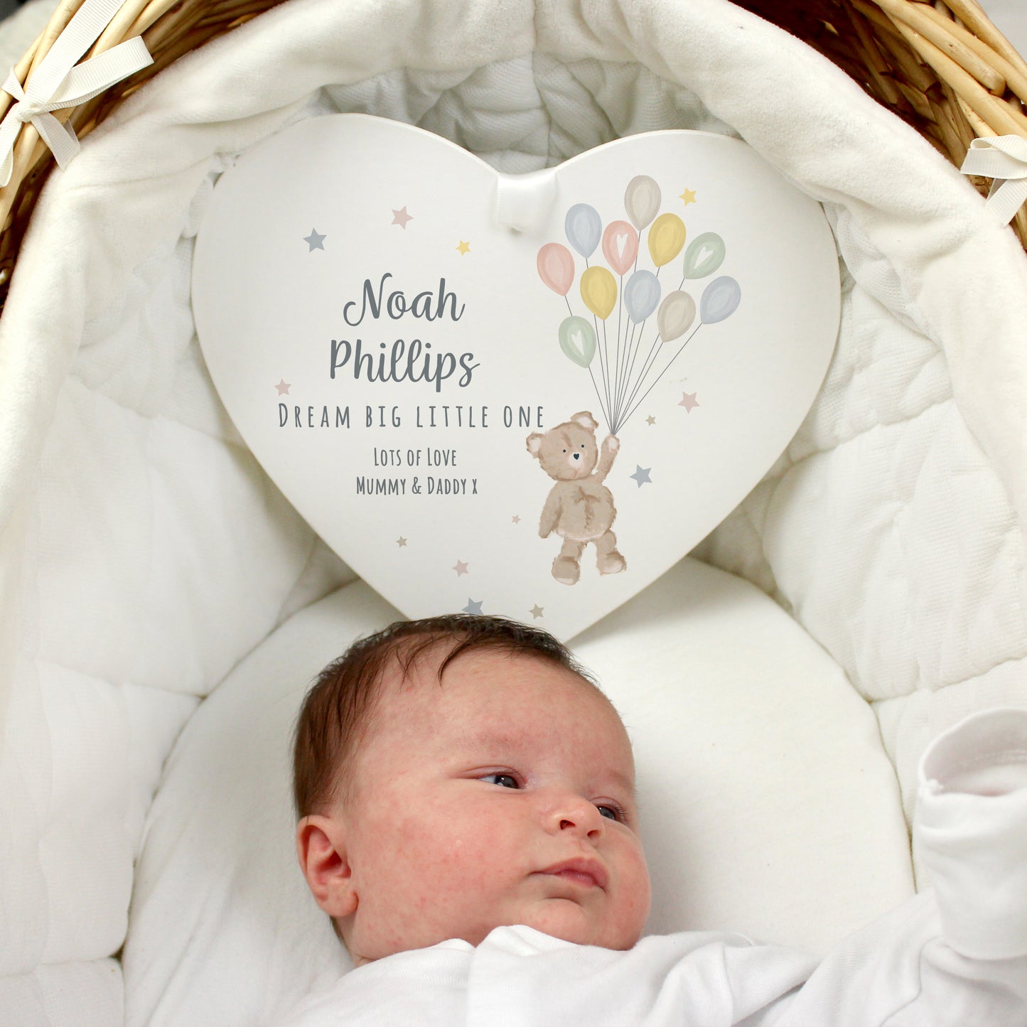Personalised Teddy & Balloons White Wooden Heart - MK&JD Gifts