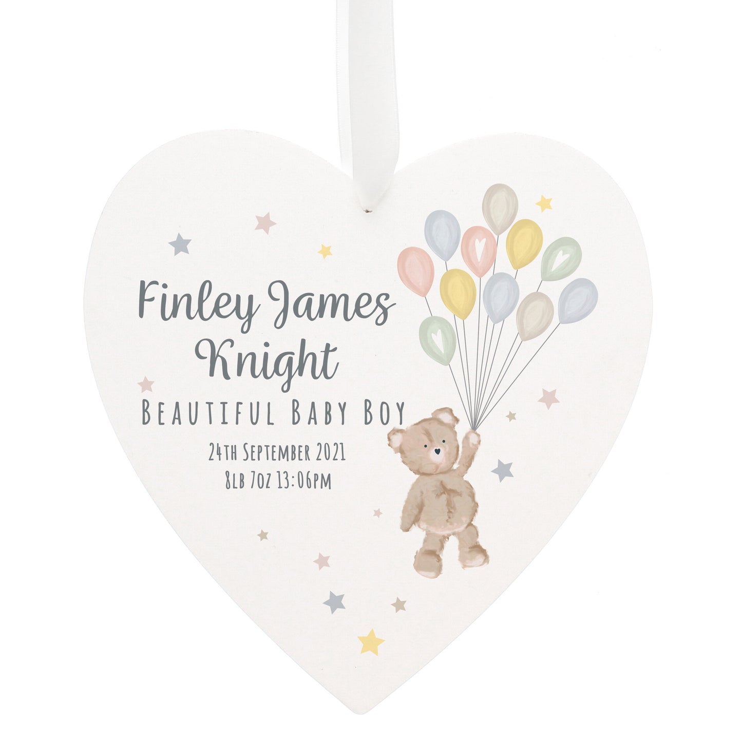 Personalised Teddy & Balloons White Wooden Heart - MK&JD Gifts