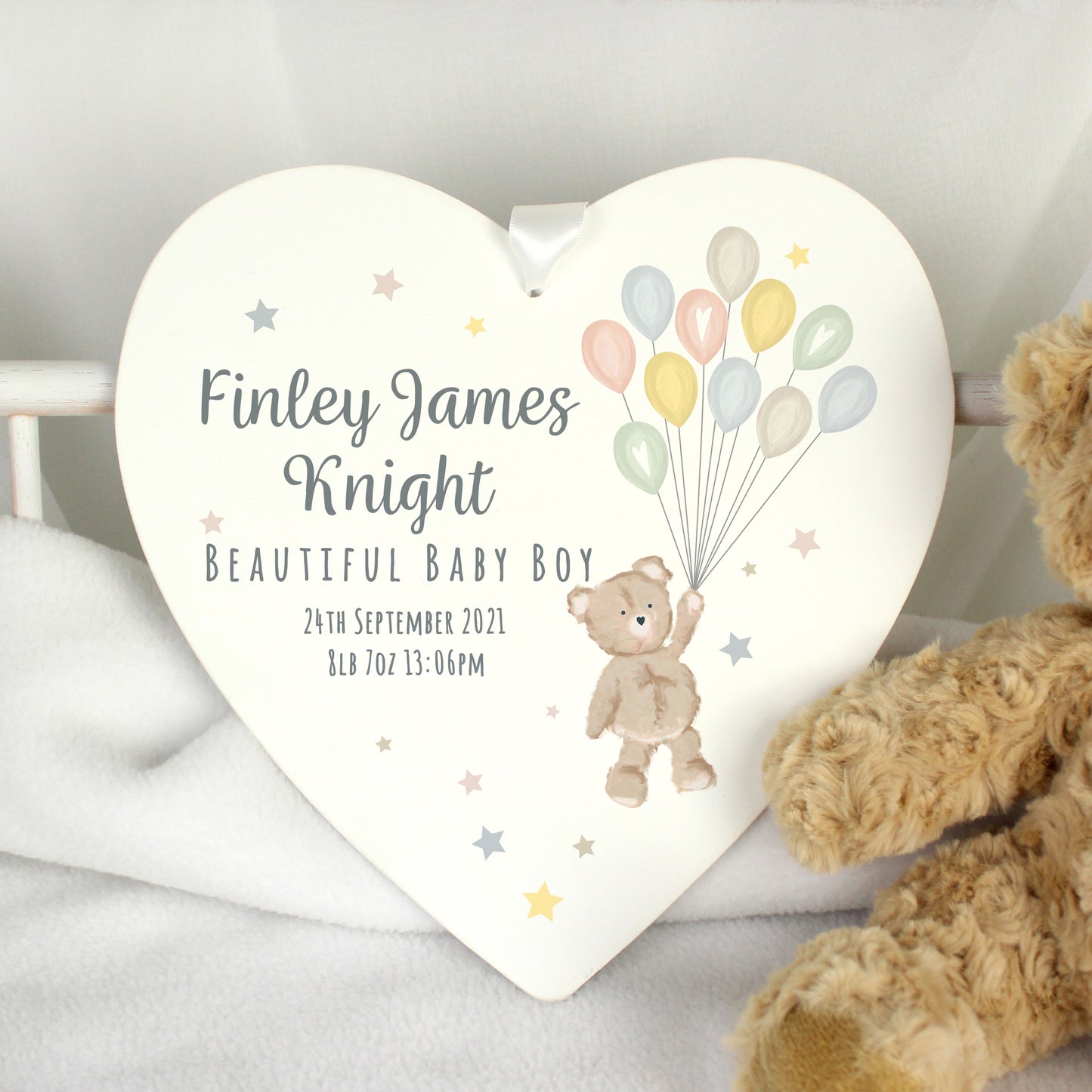 Personalised Teddy & Balloons White Wooden Heart - MK&JD Gifts