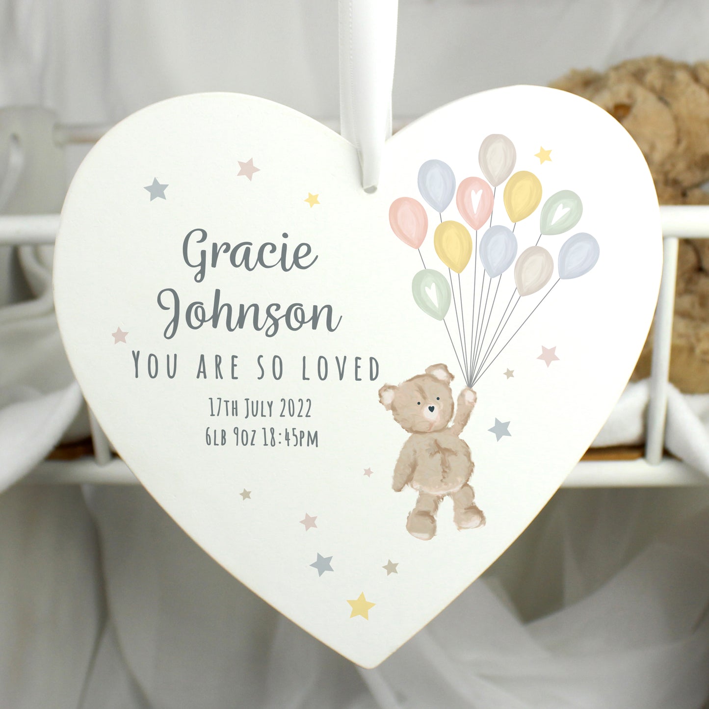 Personalised Teddy & Balloons White Wooden Heart - MK&JD Gifts