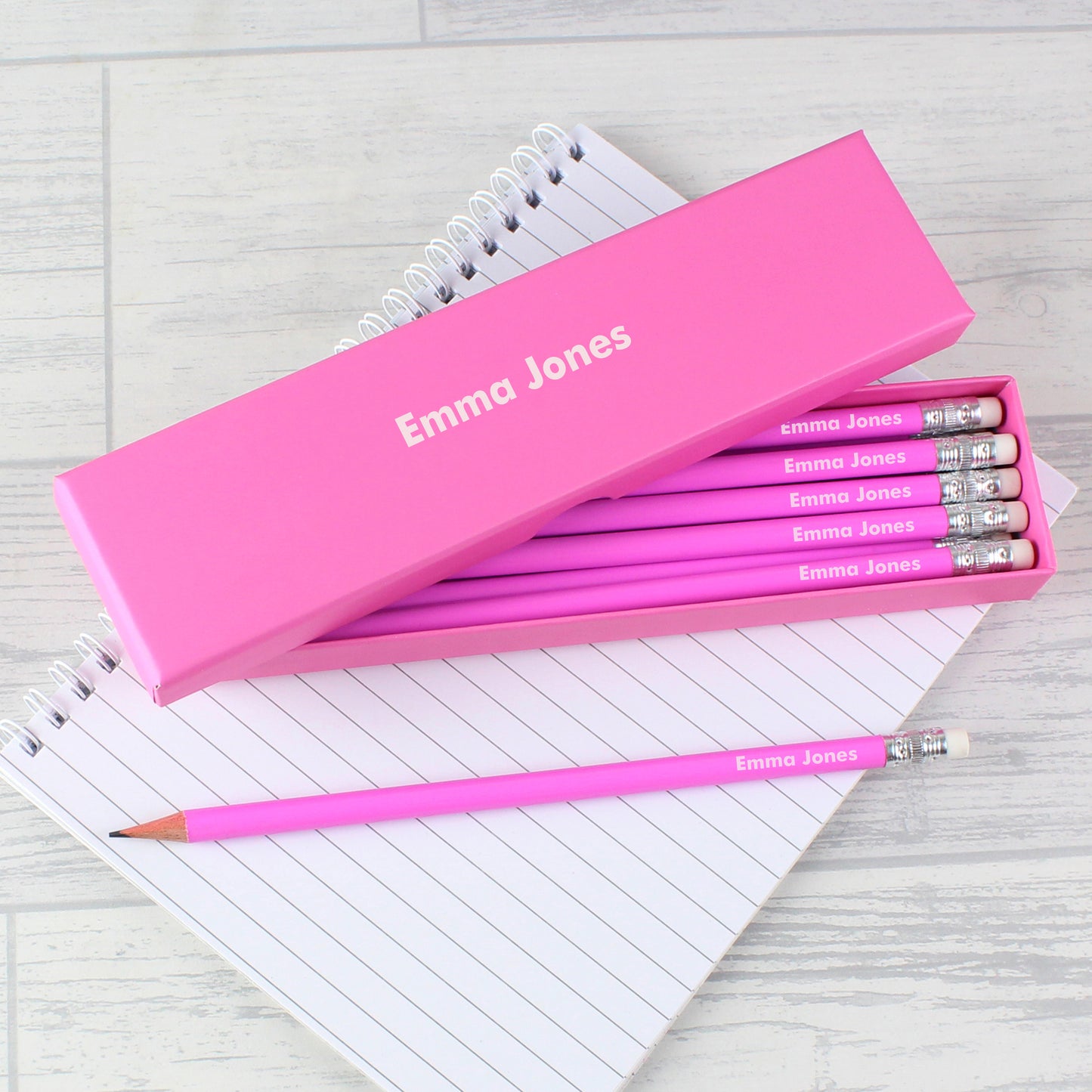 Personalised Name Only Box and 12 Pink HB Pencils - MK&JD Gifts