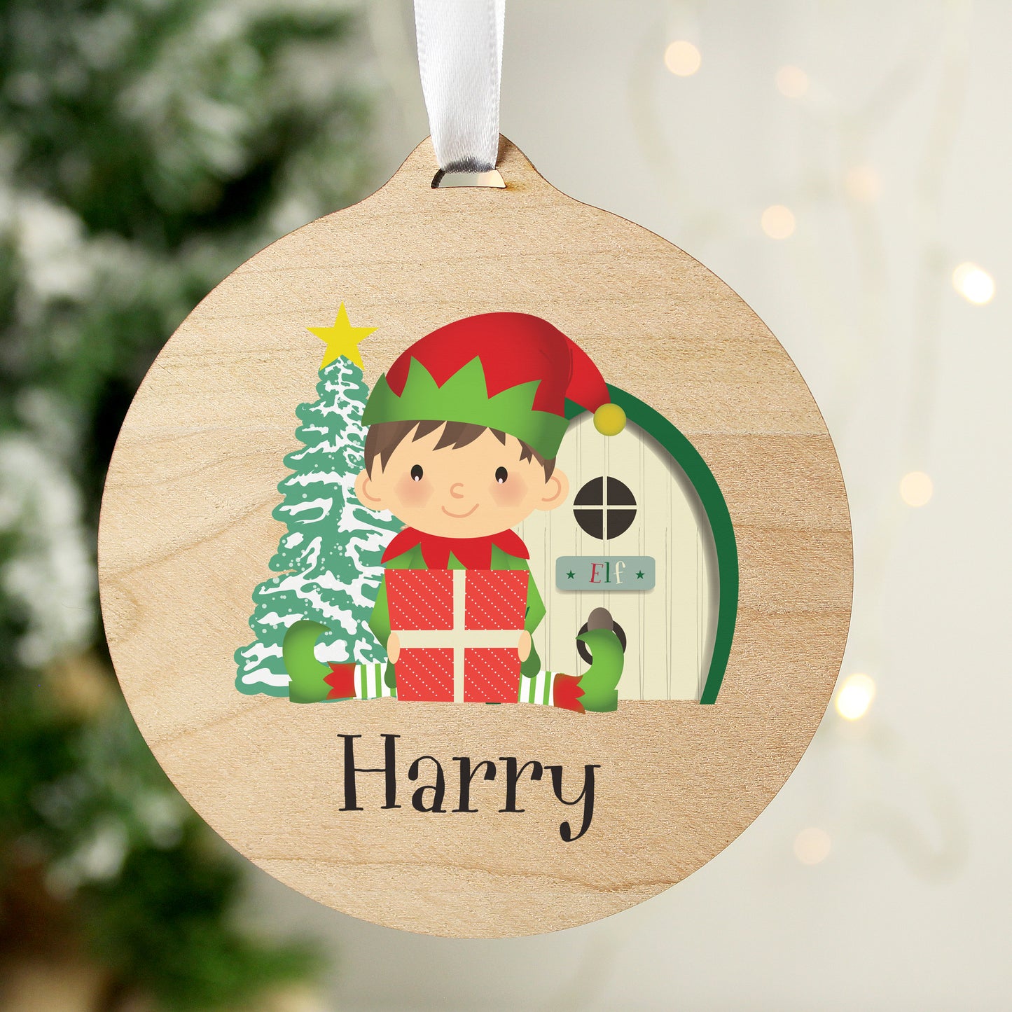 Personalised Elf Round Wooden Decoration - MK&JD Gifts