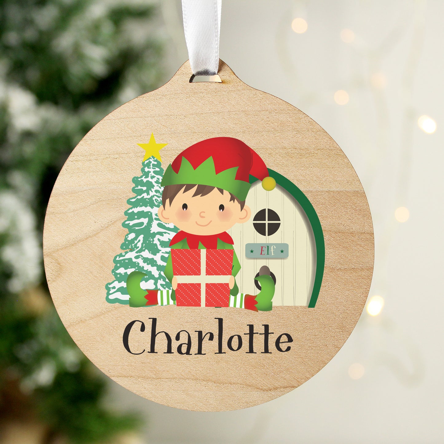 Personalised Elf Round Wooden Decoration - MK&JD Gifts