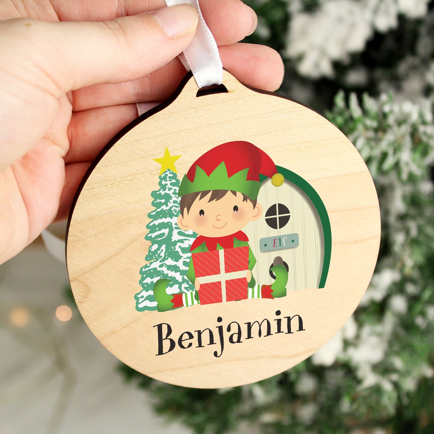 Personalised Elf Round Wooden Decoration - MK&JD Gifts