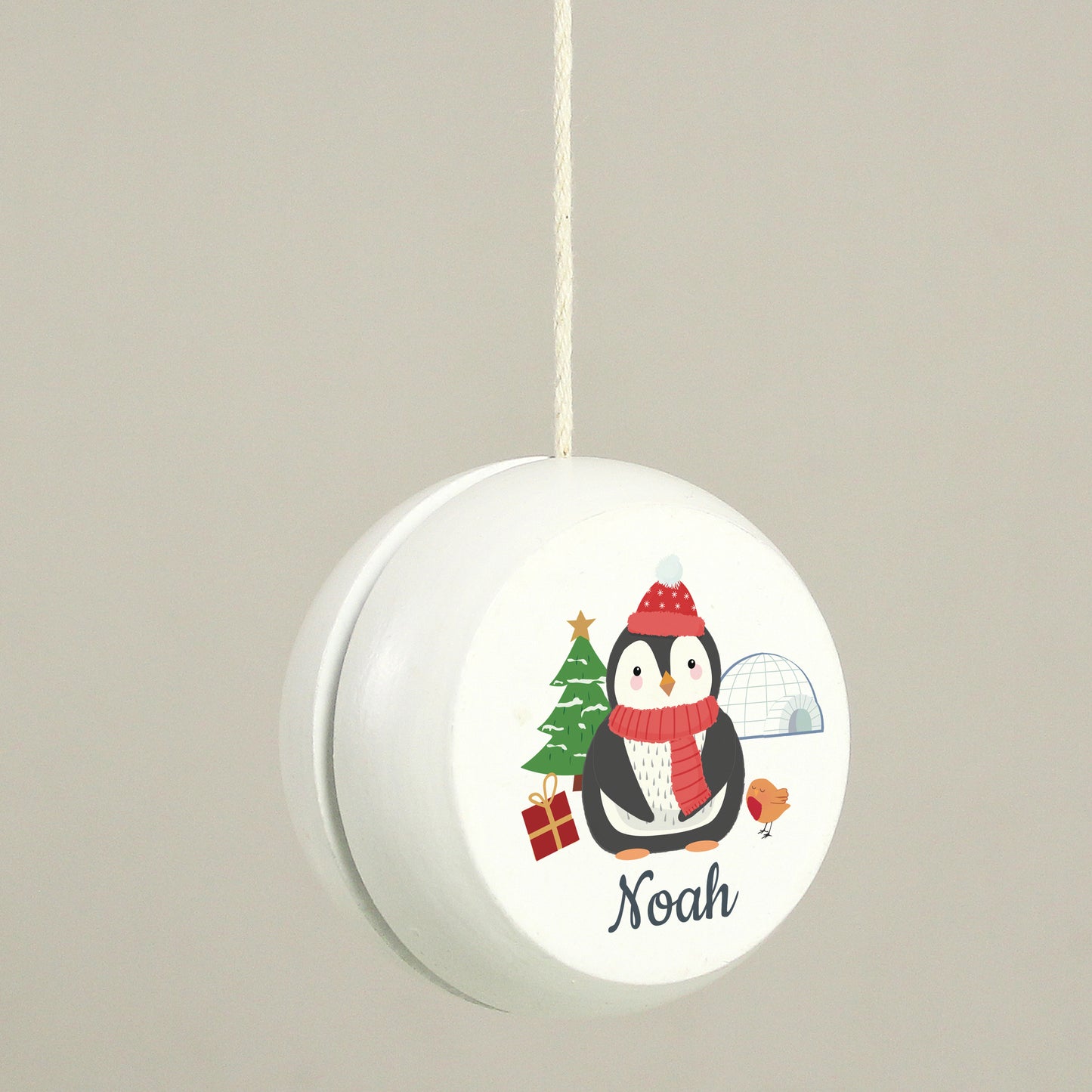 Personalised Christmas Penguin White Wooden Yoyo - MK&JD Gifts