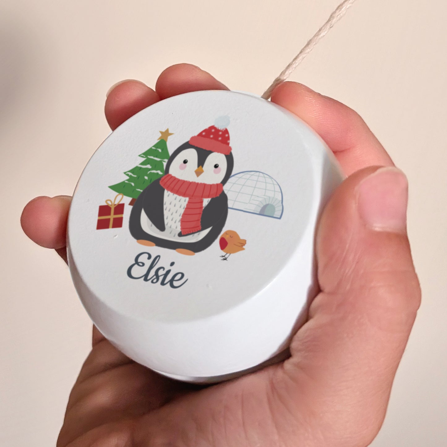 Personalised Christmas Penguin White Wooden Yoyo - MK&JD Gifts