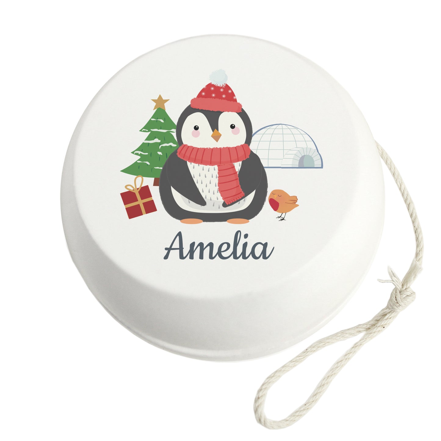 Personalised Christmas Penguin White Wooden Yoyo - MK&JD Gifts