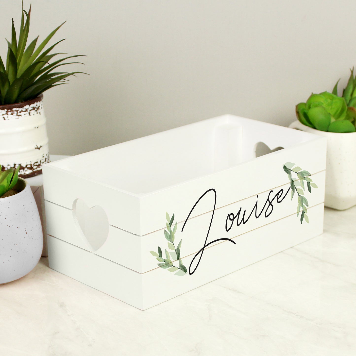 Personalised Name Only Botanical White Wooden Crate - MK&JD Gifts