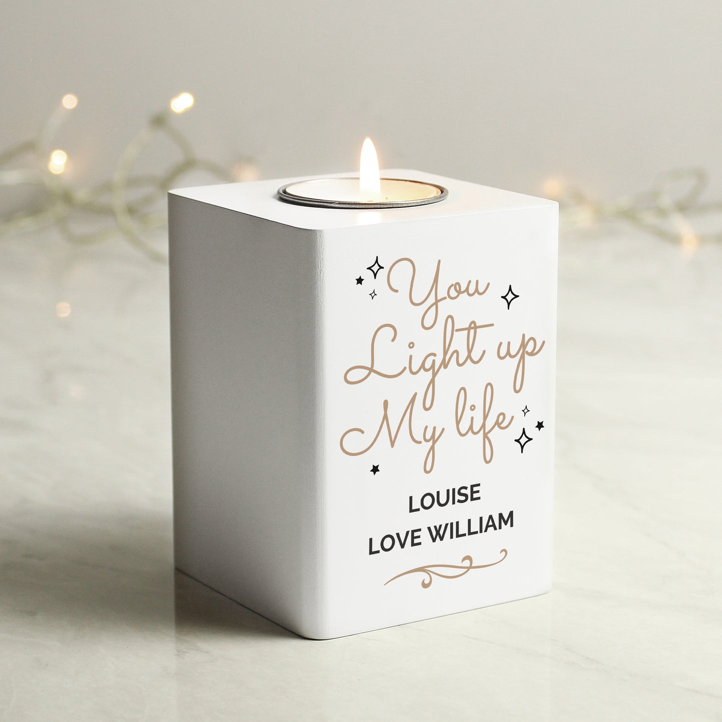 Personalised Light Up My Life White Wooden Tea light Holder - MK&JD Gifts