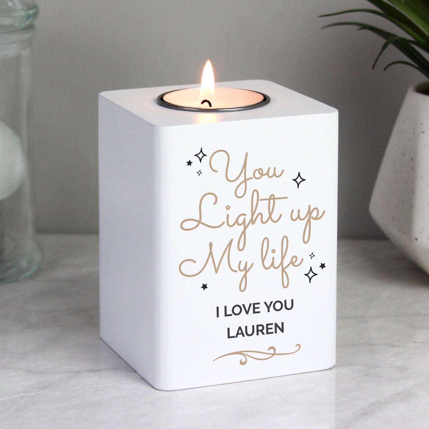 Personalised Light Up My Life White Wooden Tea light Holder - MK&JD Gifts