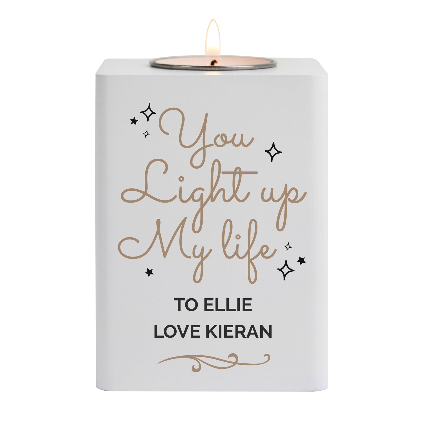 Personalised Light Up My Life White Wooden Tea light Holder - MK&JD Gifts