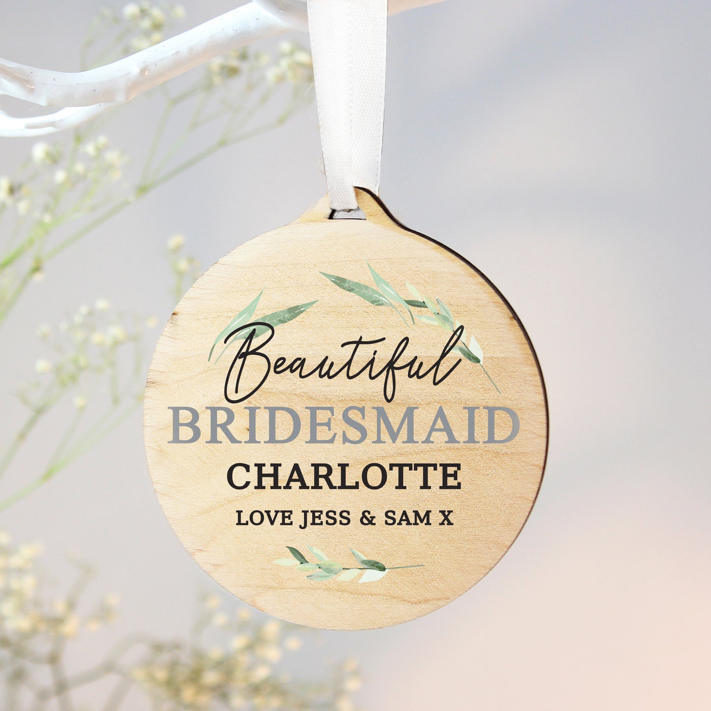 Personalised Leaf Decor Round Wooden Decoration - MK&JD Gifts