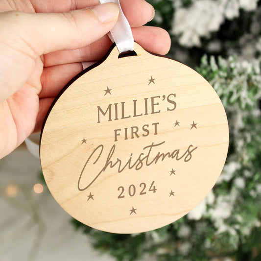 Personalised Baby's First Christmas Round Wooden Decoration - MK&JD Gifts