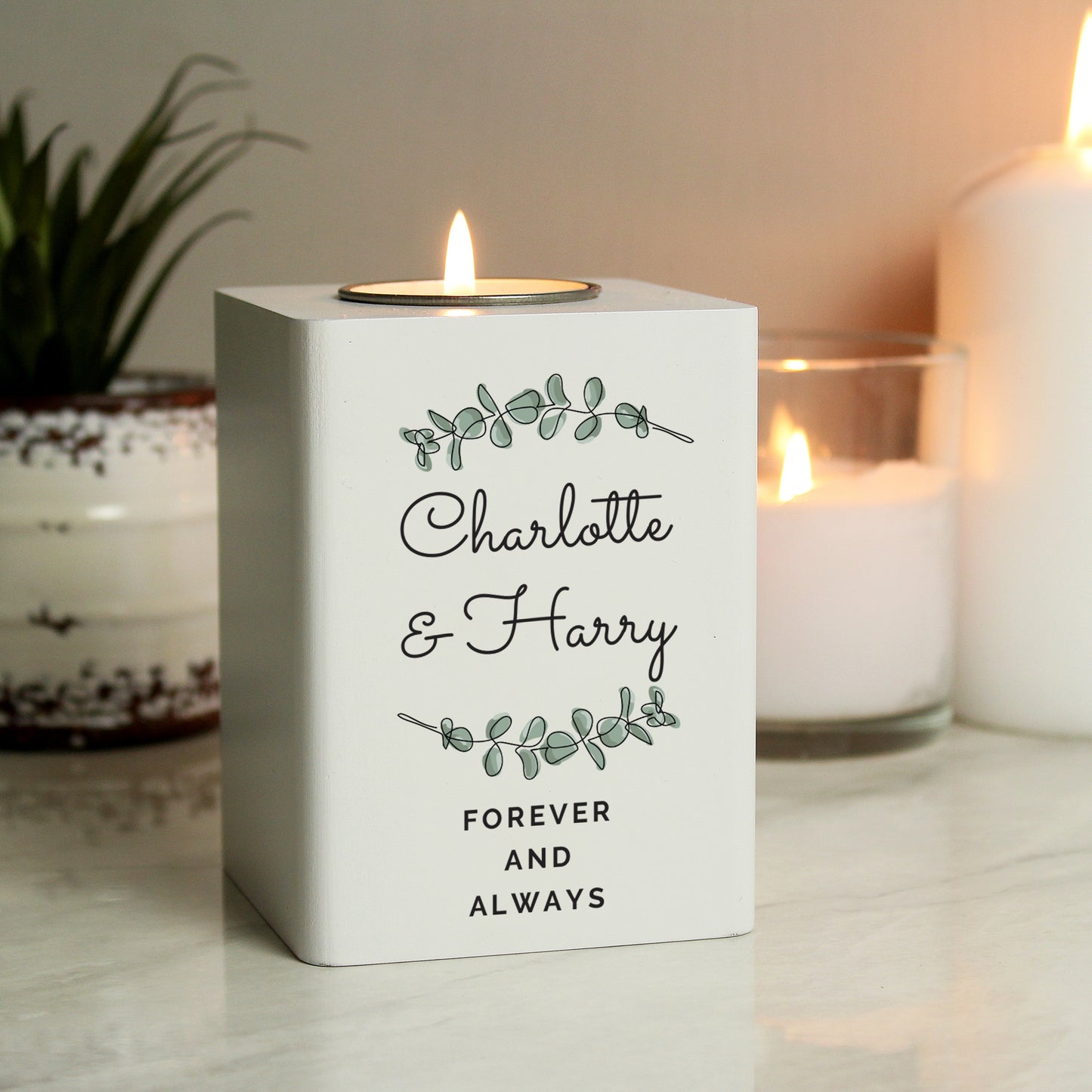 Personalised Botanical White Wooden Tea light Holder - MK&JD Gifts
