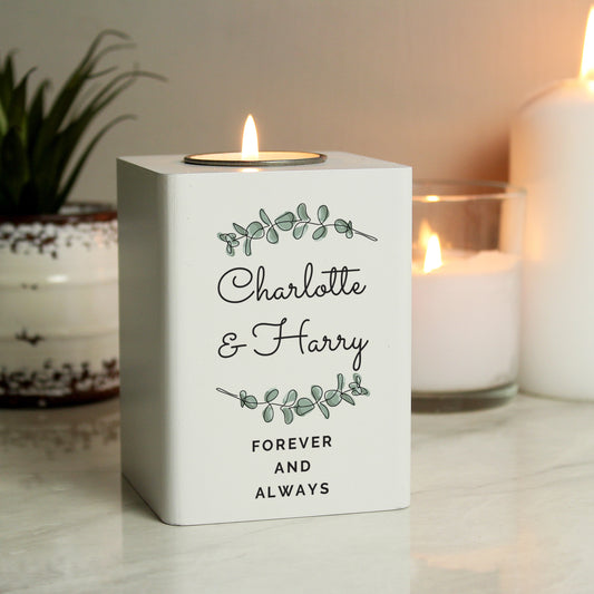 Personalised Botanical White Wooden Tea light Holder - MK&JD Gifts