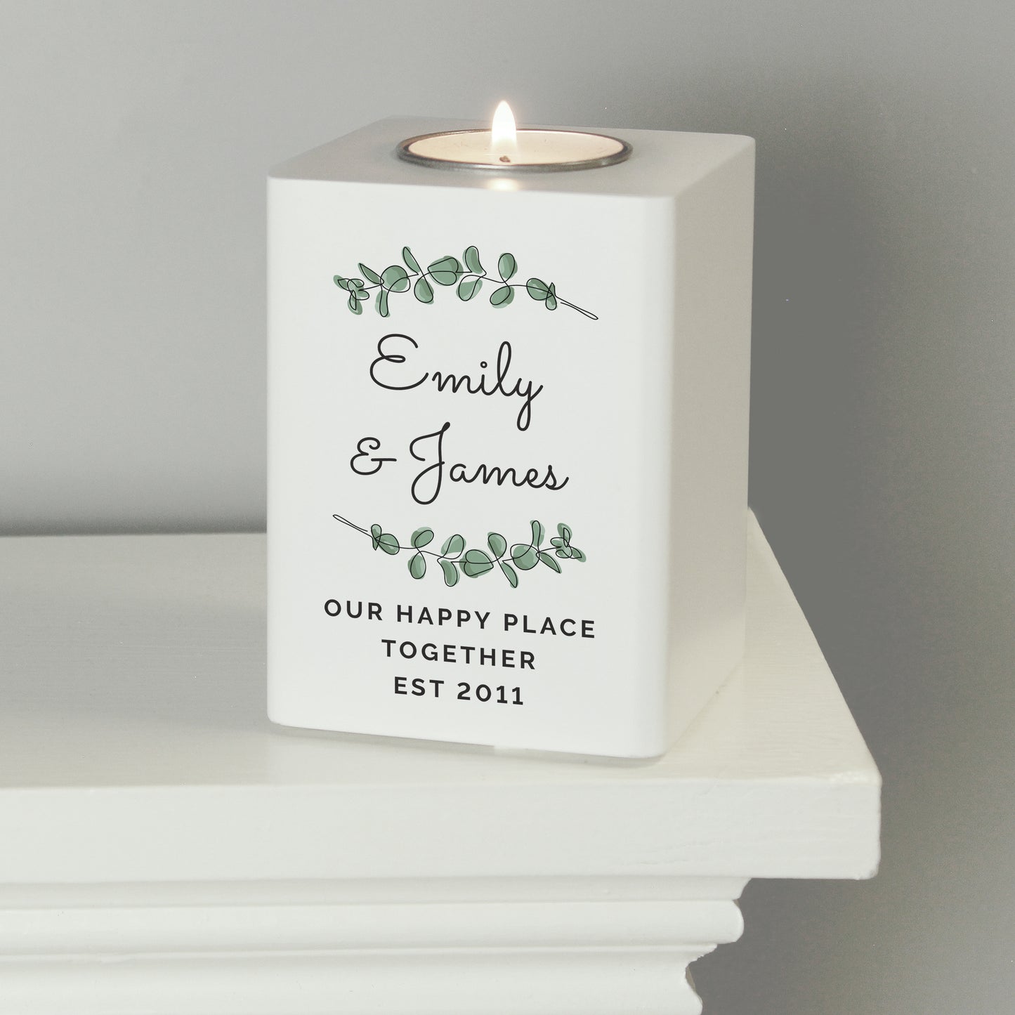 Personalised Botanical White Wooden Tea light Holder - MK&JD Gifts