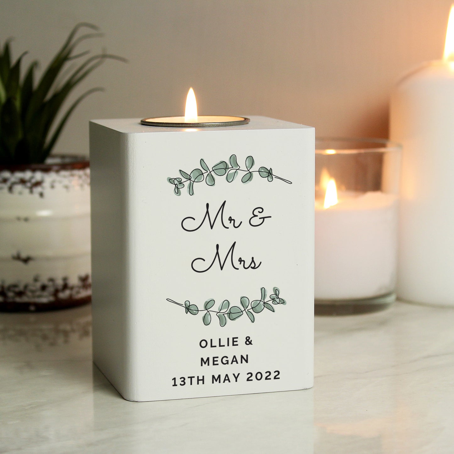 Personalised Botanical White Wooden Tea light Holder - MK&JD Gifts