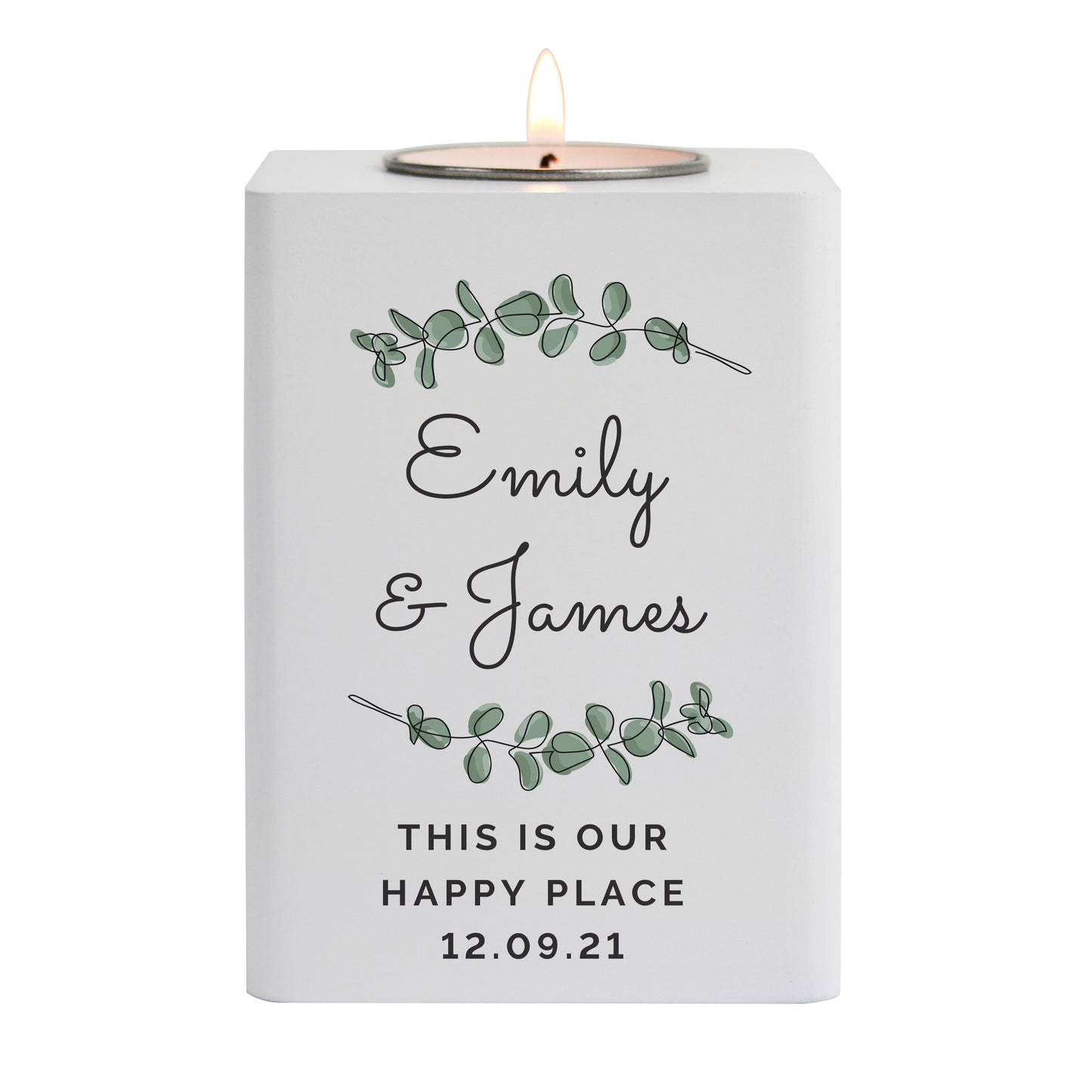 Personalised Botanical White Wooden Tea light Holder - MK&JD Gifts