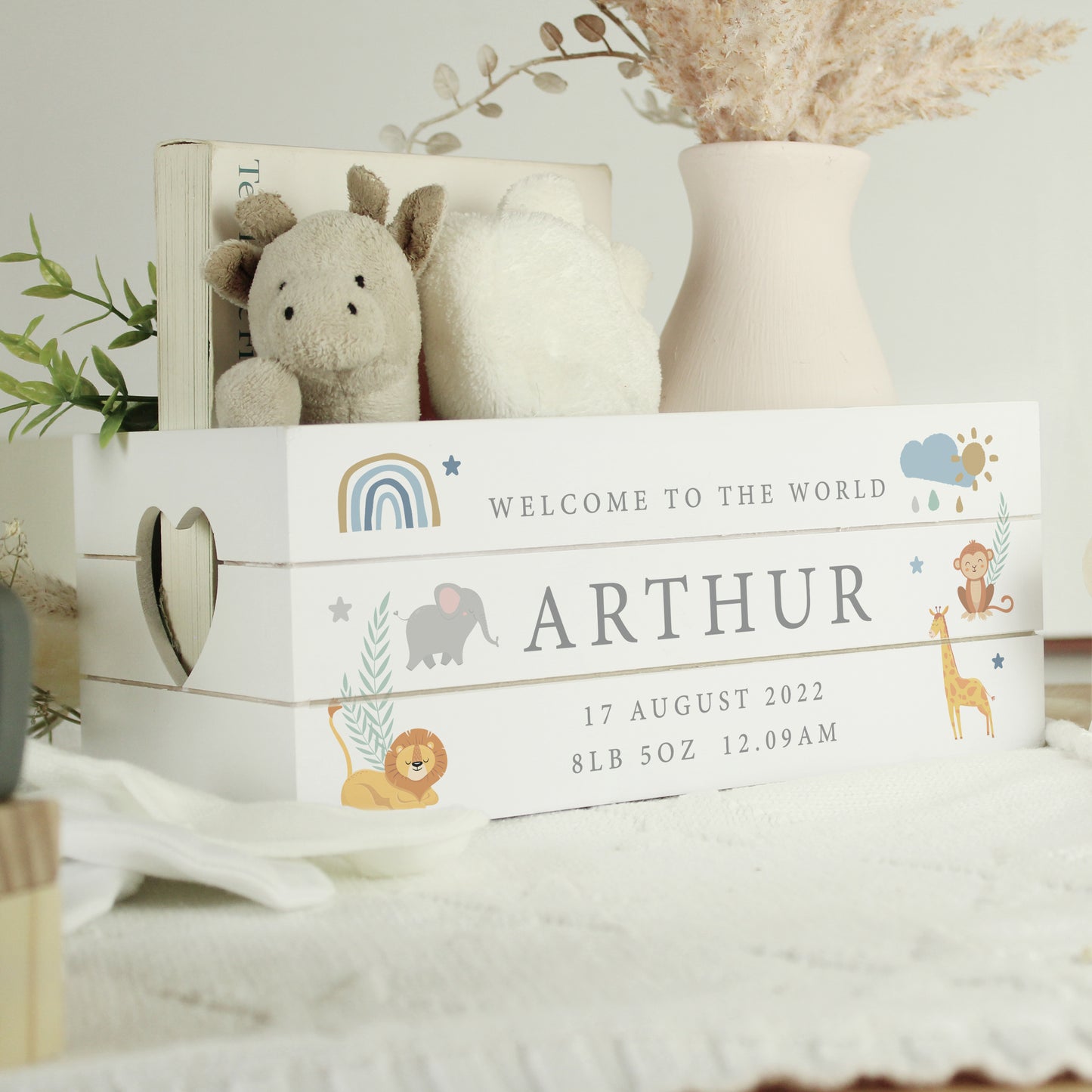 Personalised Safari Animals White Wooden Crate - MK&JD Gifts