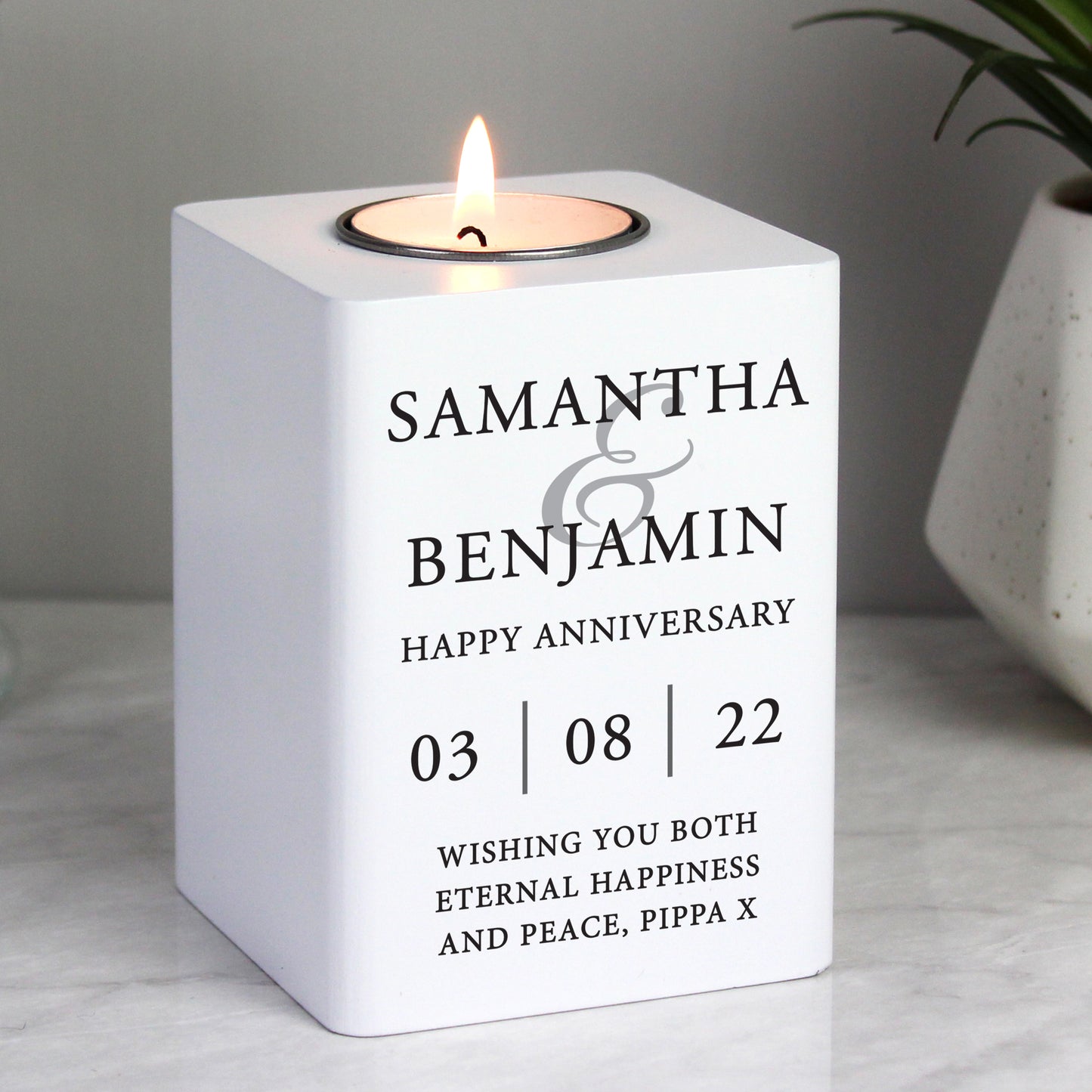 Personalised Couples White Wooden Tea light Holder - MK&JD Gifts