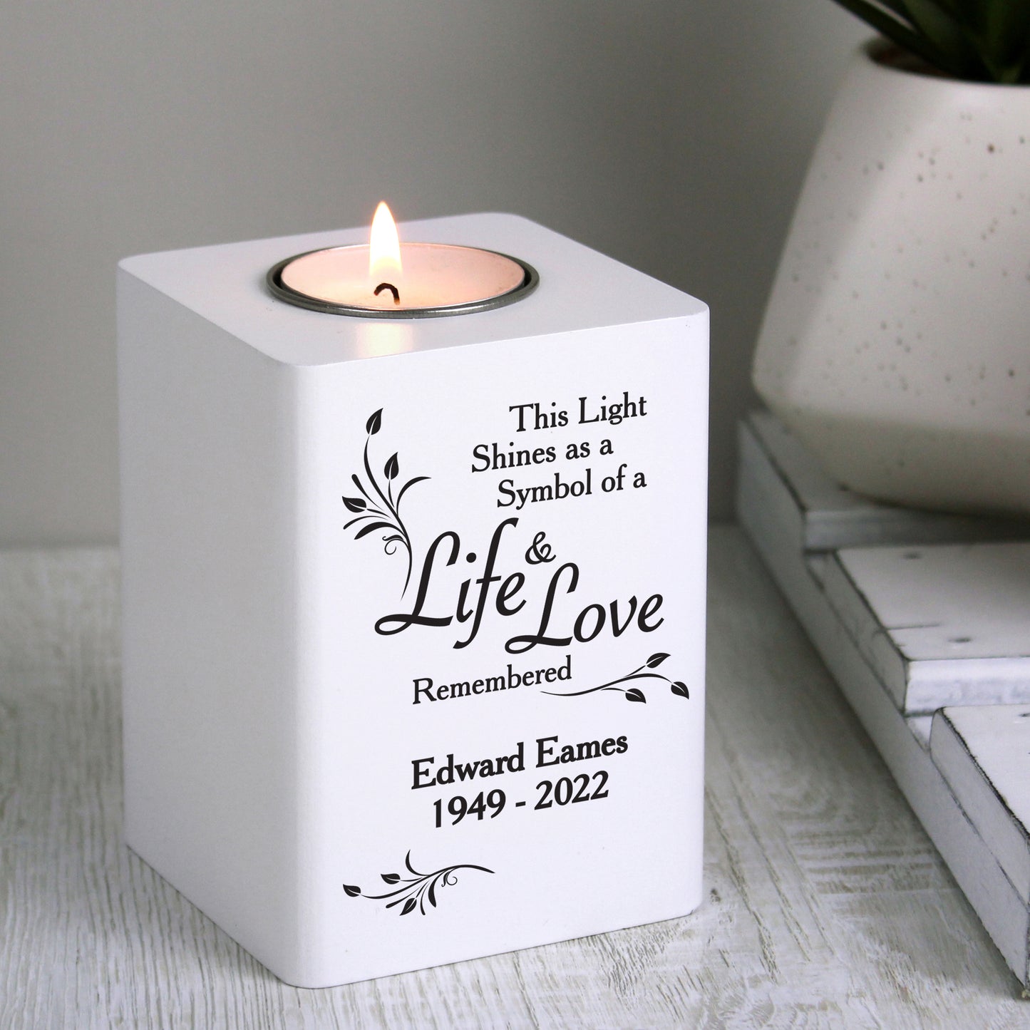 Personalised Life & Love White Wooden Tea Light Holder - MK&JD Gifts