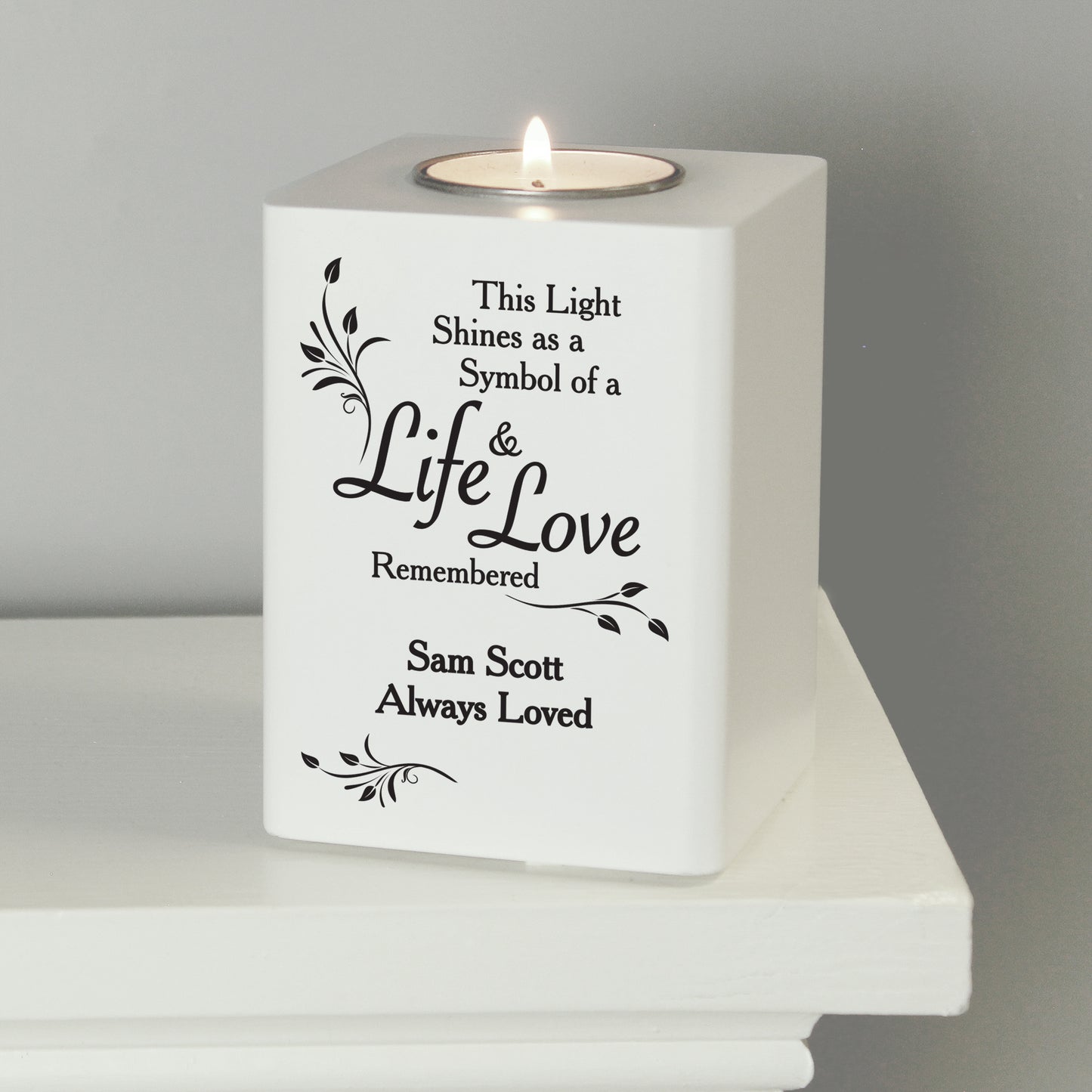Personalised Life & Love White Wooden Tea Light Holder - MK&JD Gifts