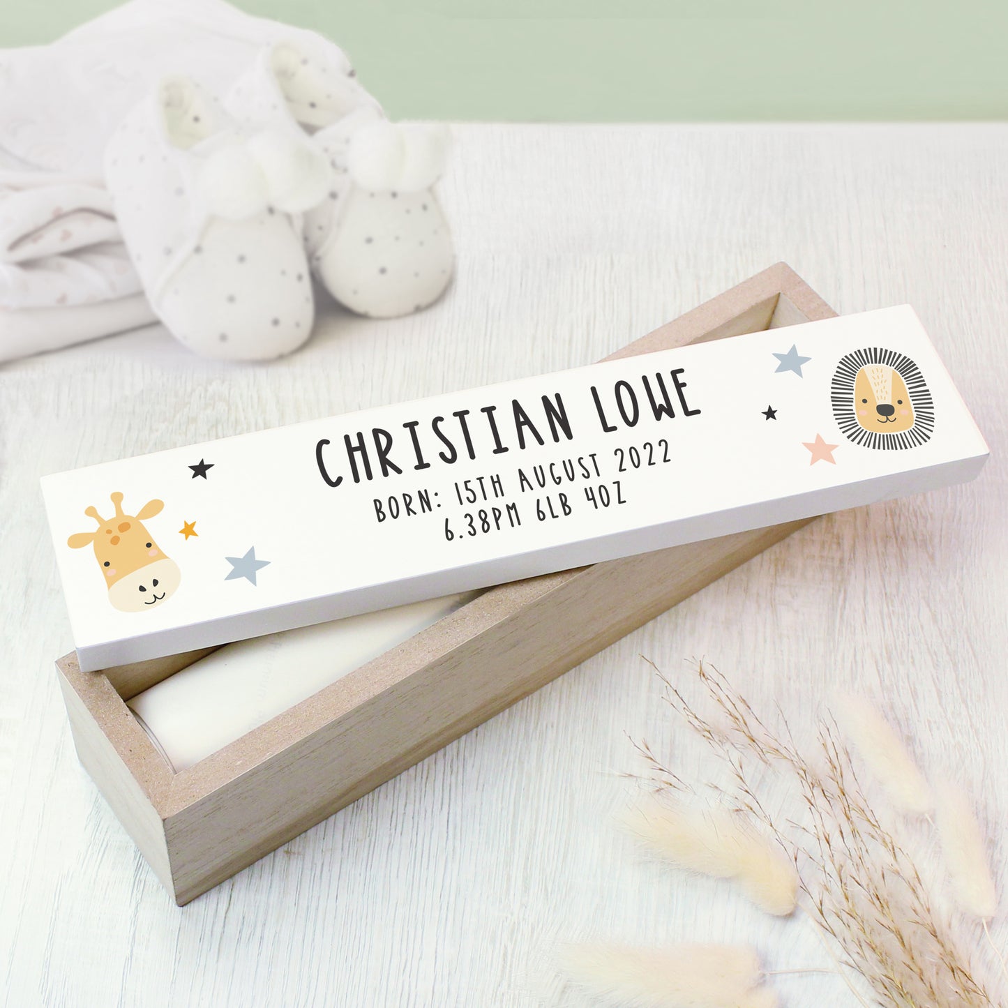 Personalised Scandi Safari Animals Wooden Birth Certificate Holder - MK&JD Gifts