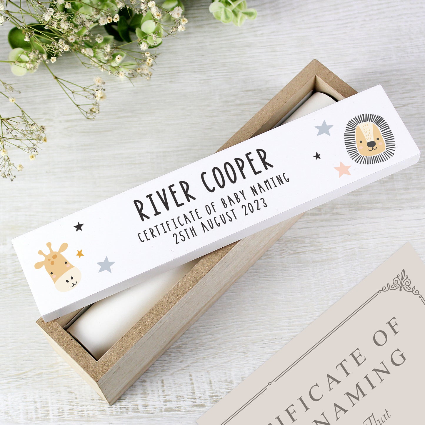 Personalised Scandi Safari Animals Wooden Birth Certificate Holder - MK&JD Gifts