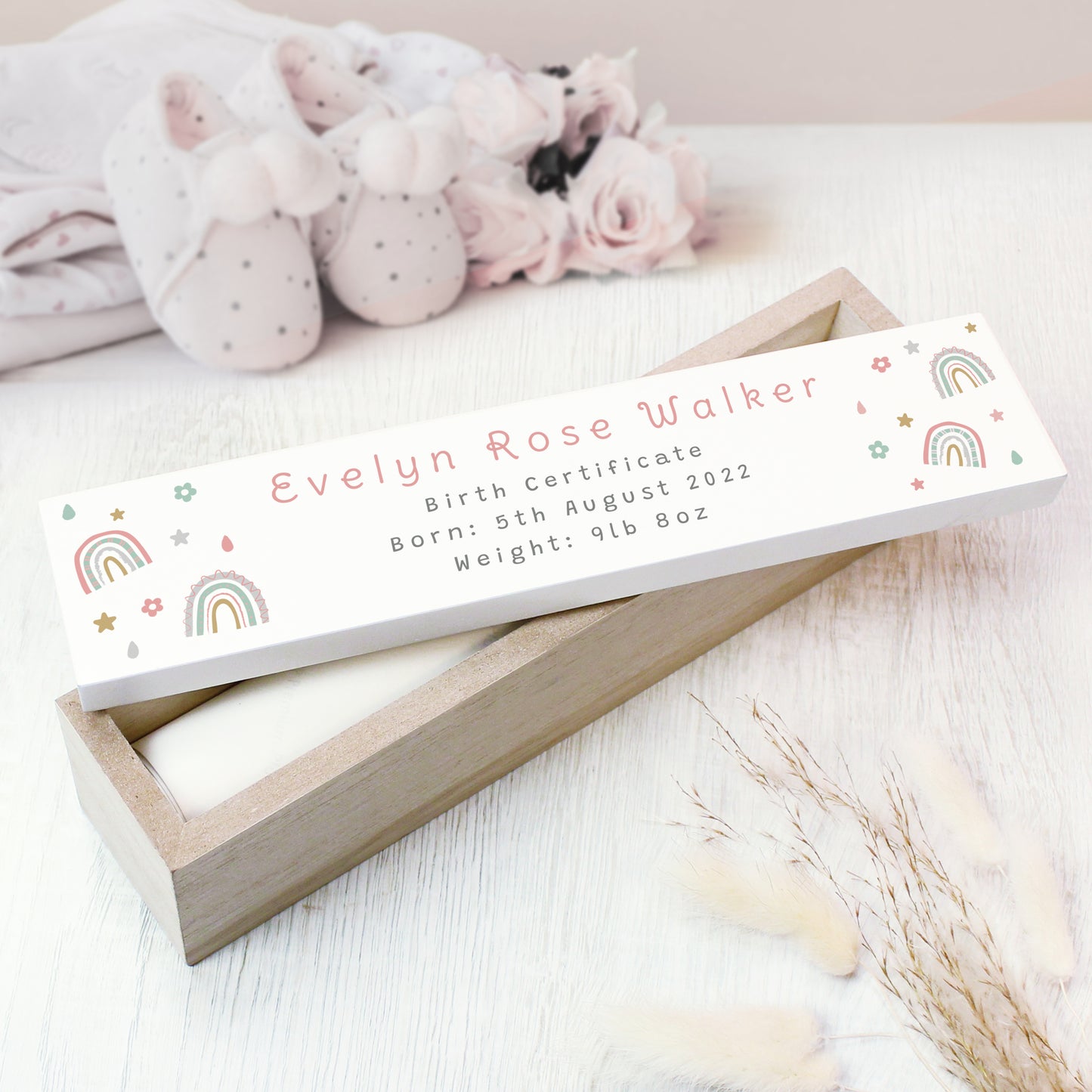 Personalised Rainbow Wooden Birth Certificate Holder - MK&JD Gifts