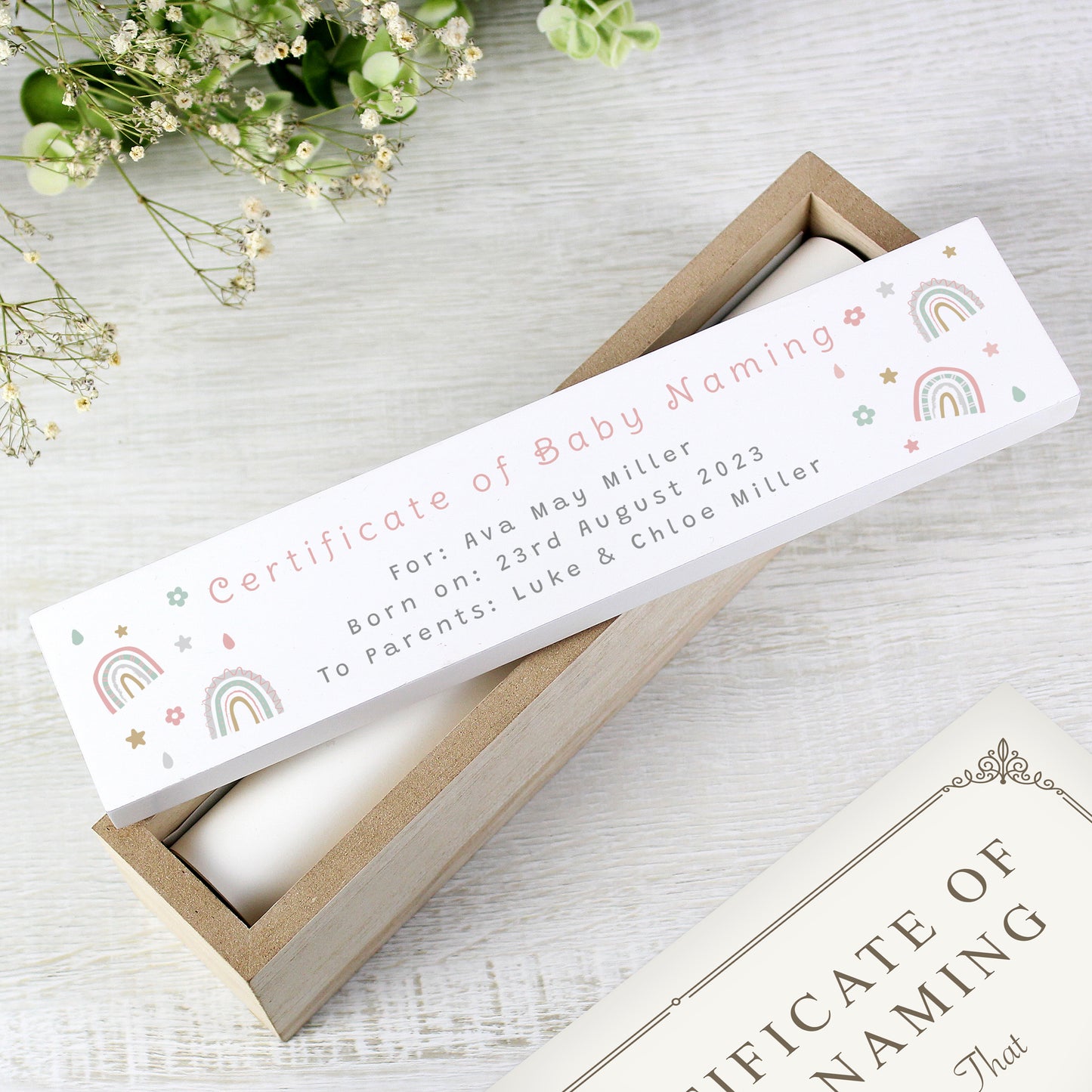 Personalised Rainbow Wooden Birth Certificate Holder - MK&JD Gifts