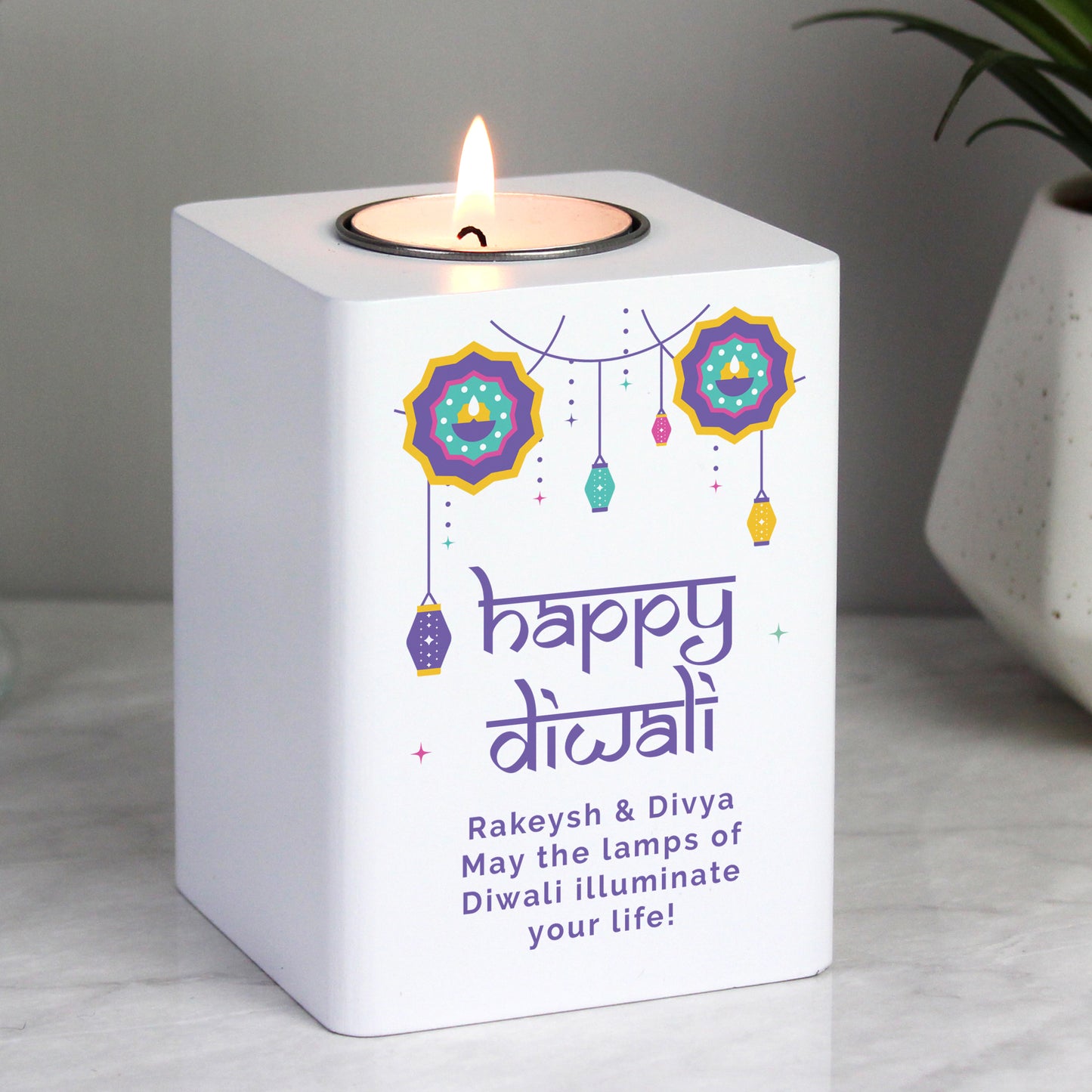 Personalised Diwali Wooden Tealight Holder - MK&JD Gifts