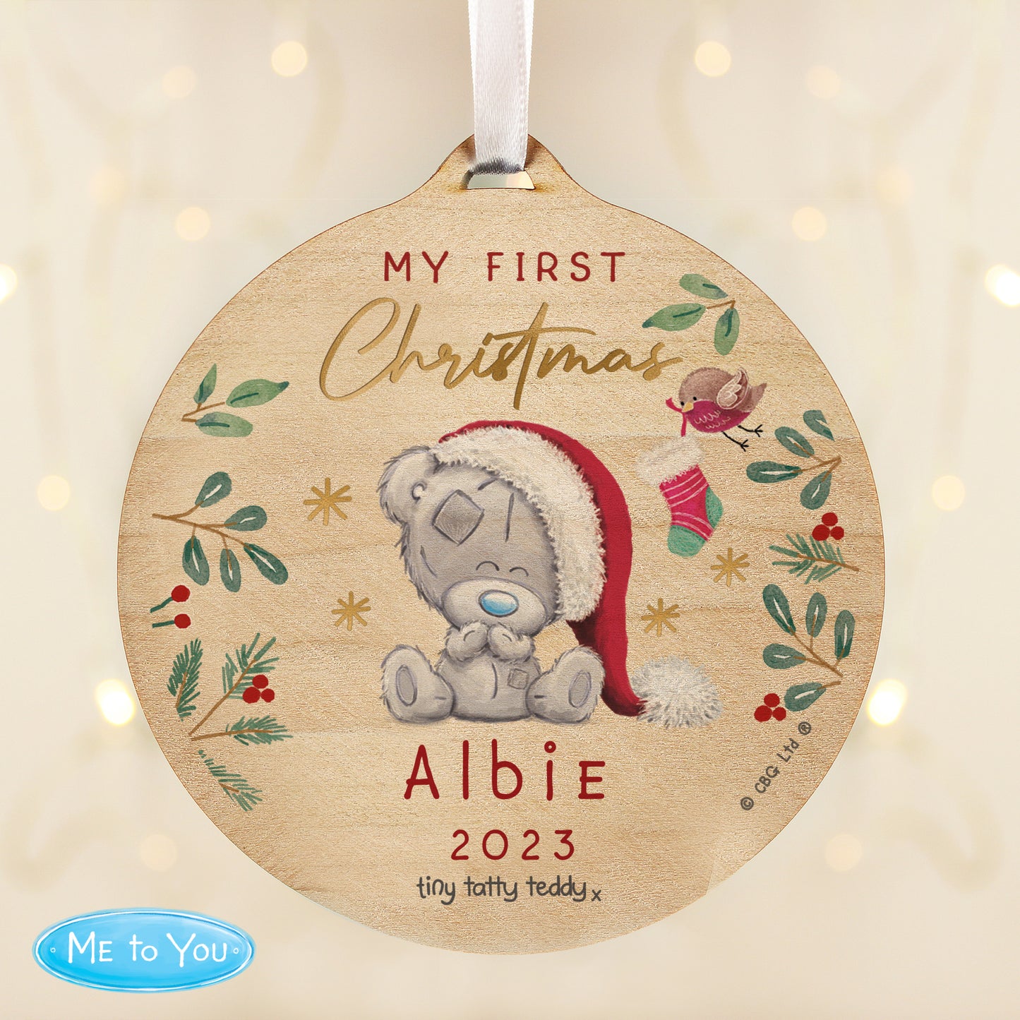 Personalised First Christmas Tiny Tatty Teddy Round Wooden Decoration - MK&JD Gifts