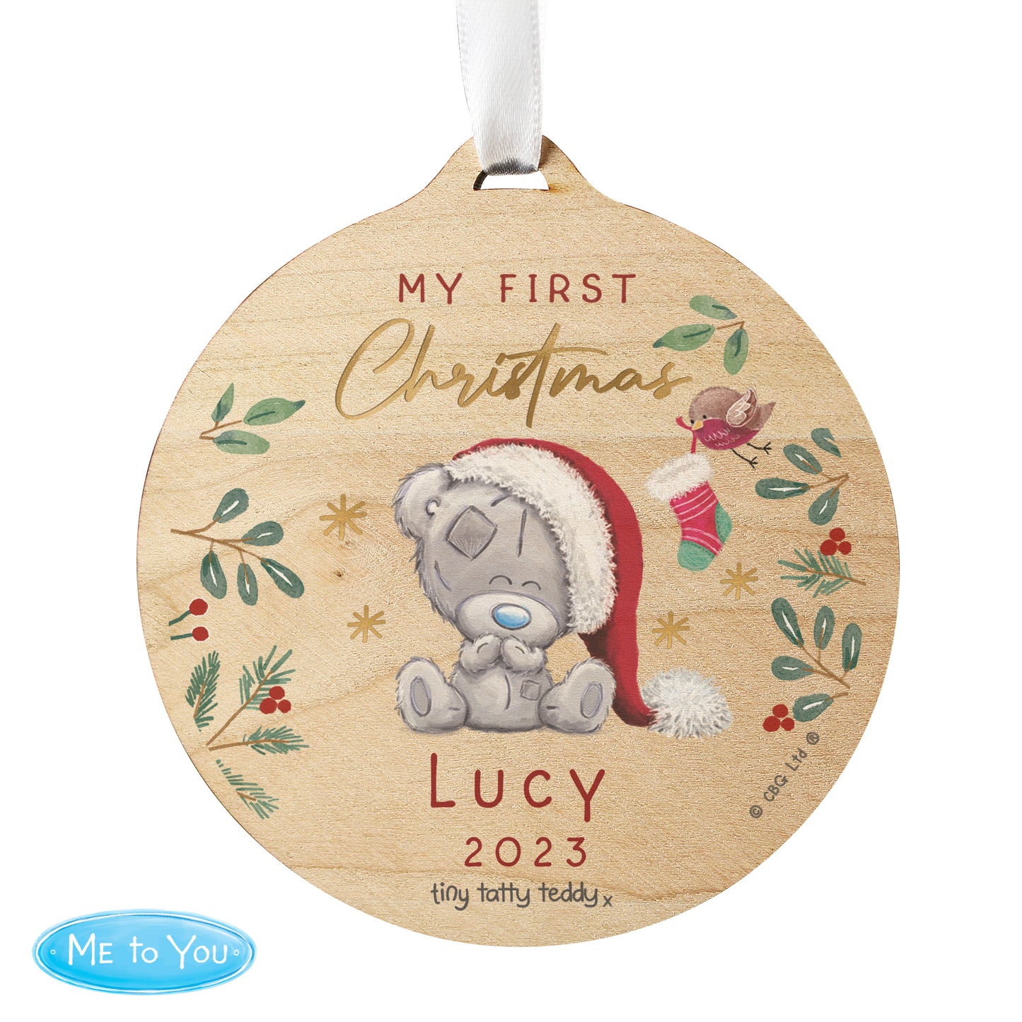 Personalised First Christmas Tiny Tatty Teddy Round Wooden Decoration - MK&JD Gifts